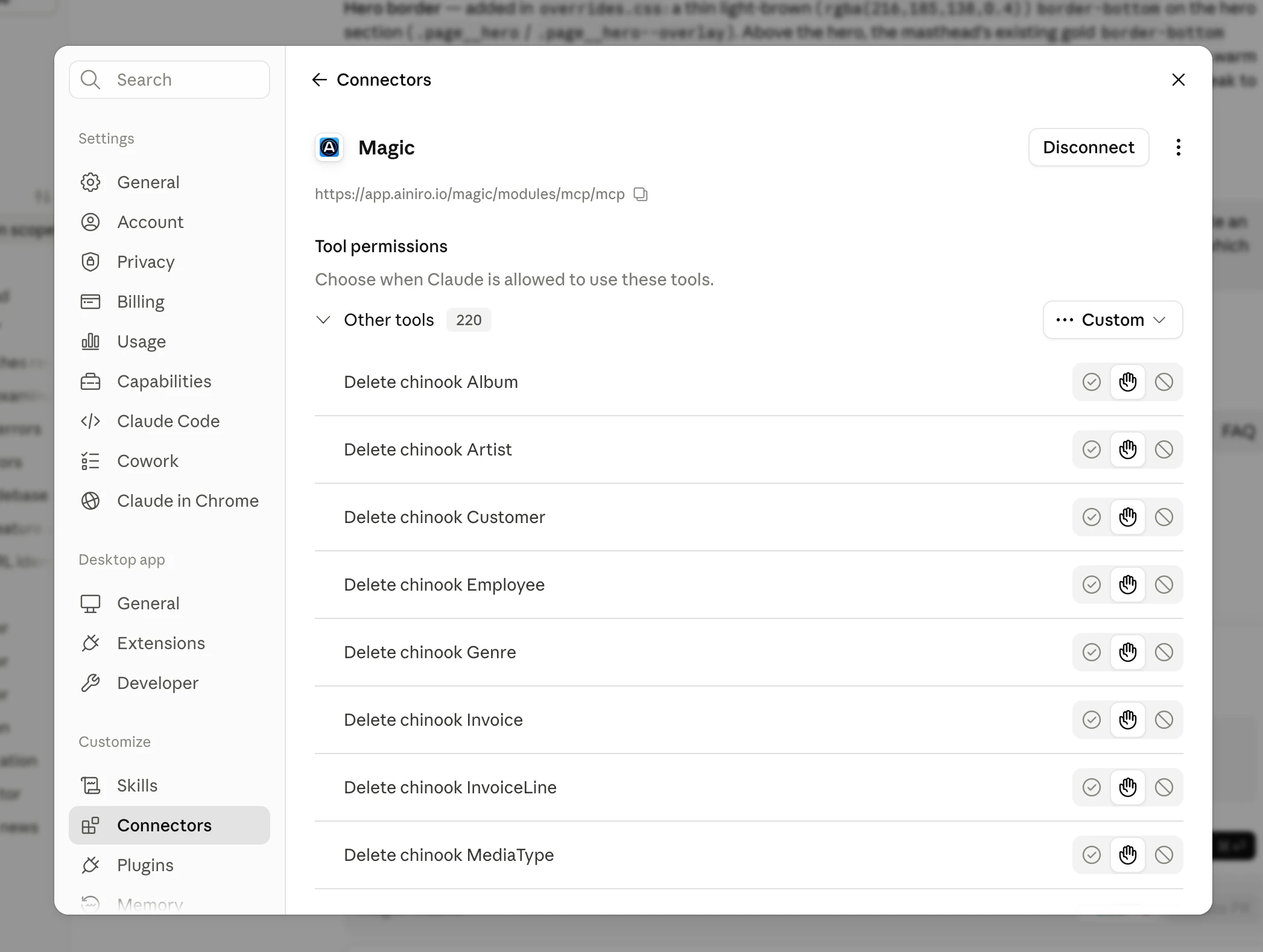 Screenshot of all connected tools in Claude over a Magic MCP server