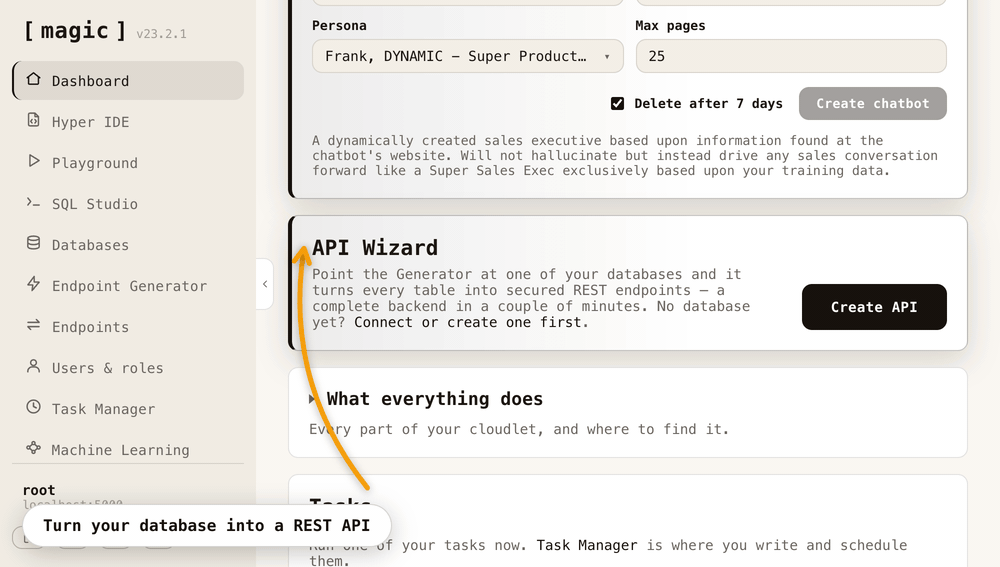Animation of the API Wizard turning the chinook database into 54 secured REST endpoints, invoking one, and extending it in plain English