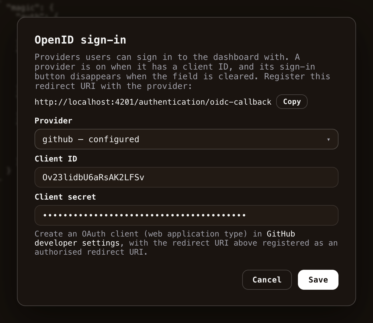 The OpenID dialog with GitHub selected, showing client ID and client secret fields