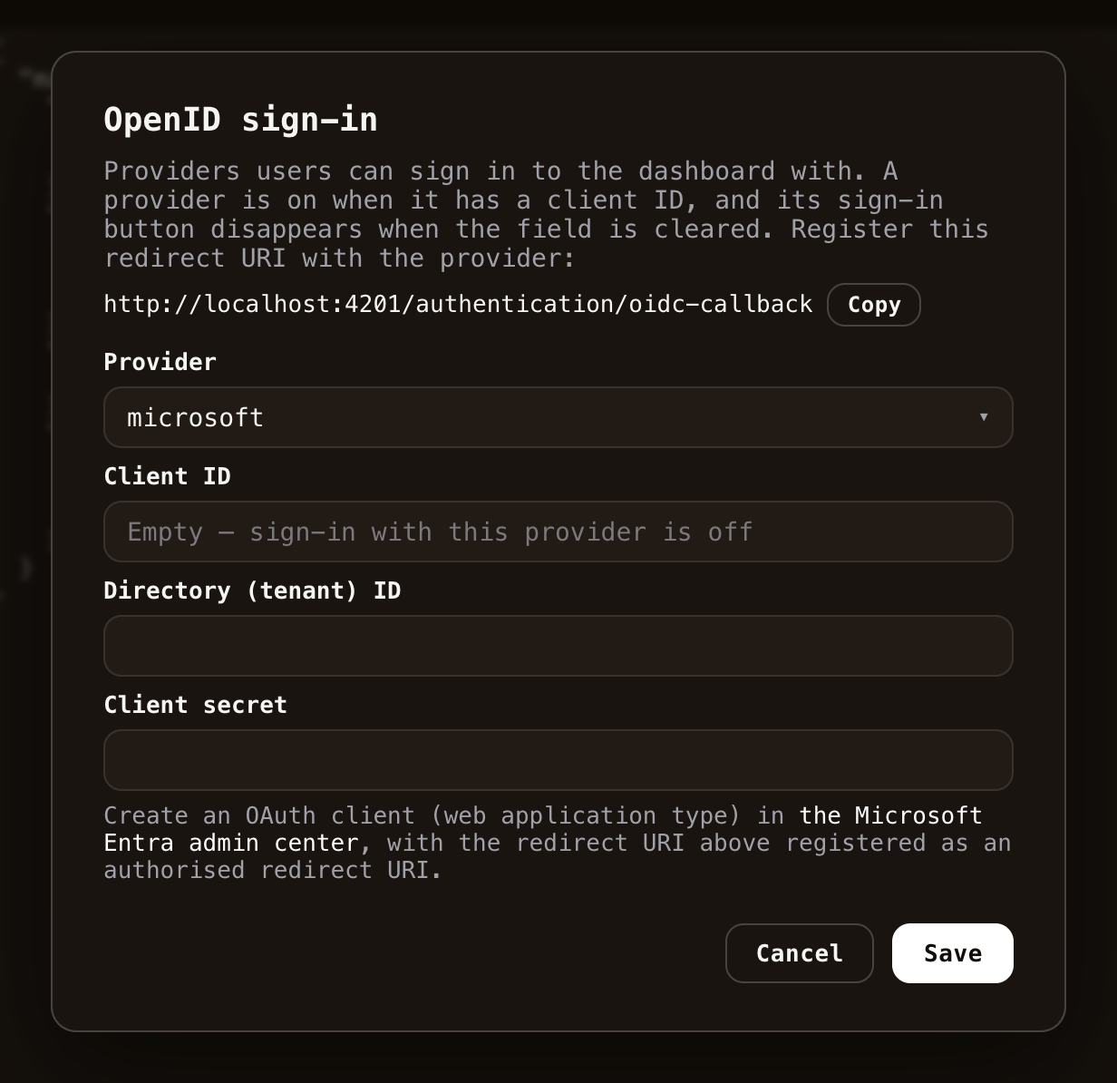 The OpenID dialog with Microsoft selected, showing the directory (tenant) ID field