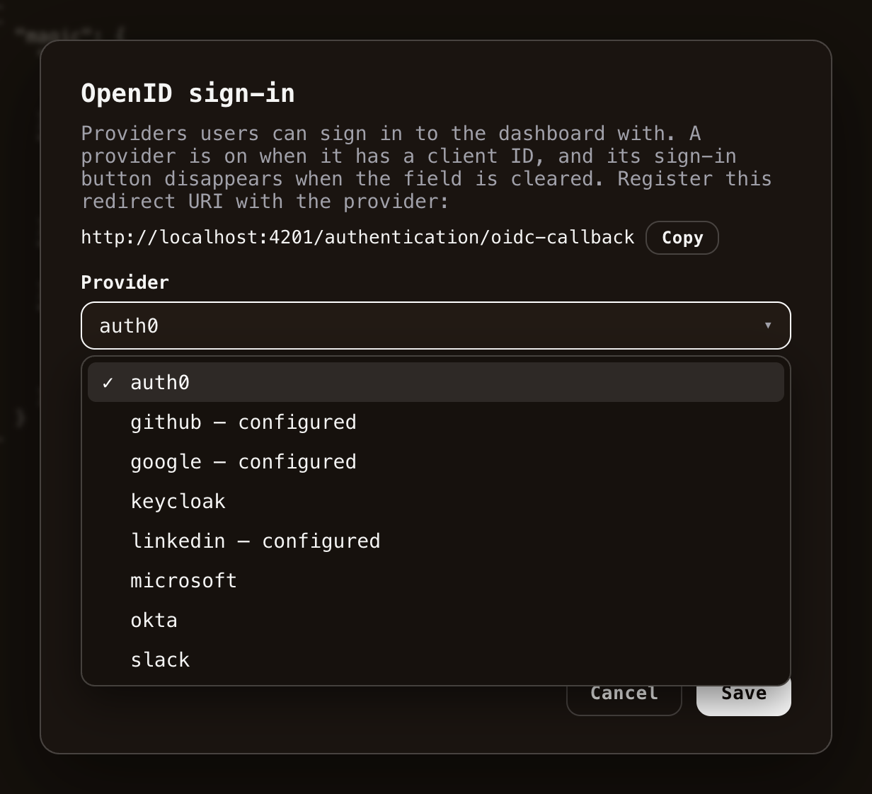 Screenshot of configuring OpenID sign-in providers, with the provider dropdown expanded