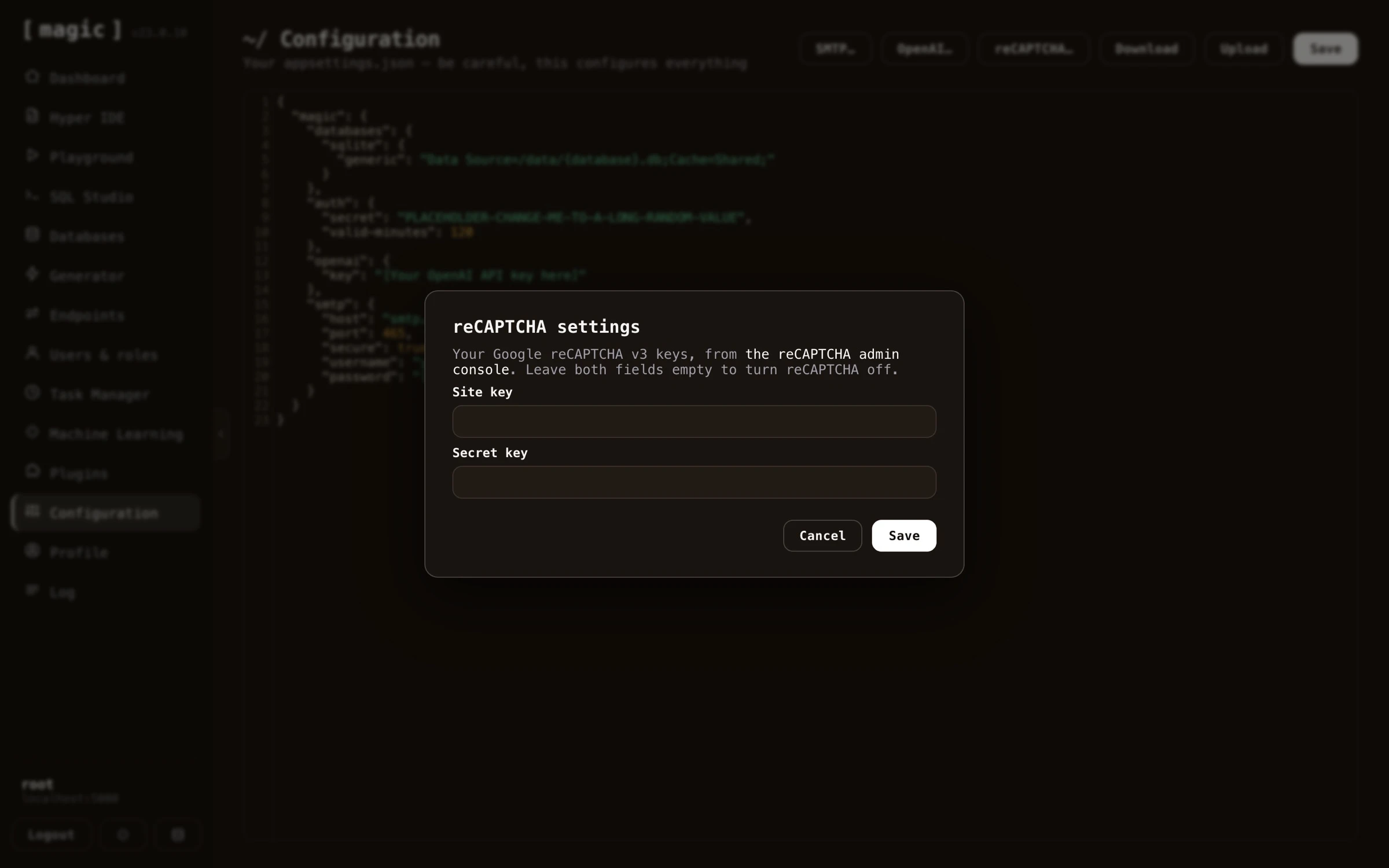Screenshot of configuring your reCAPTCHA keys