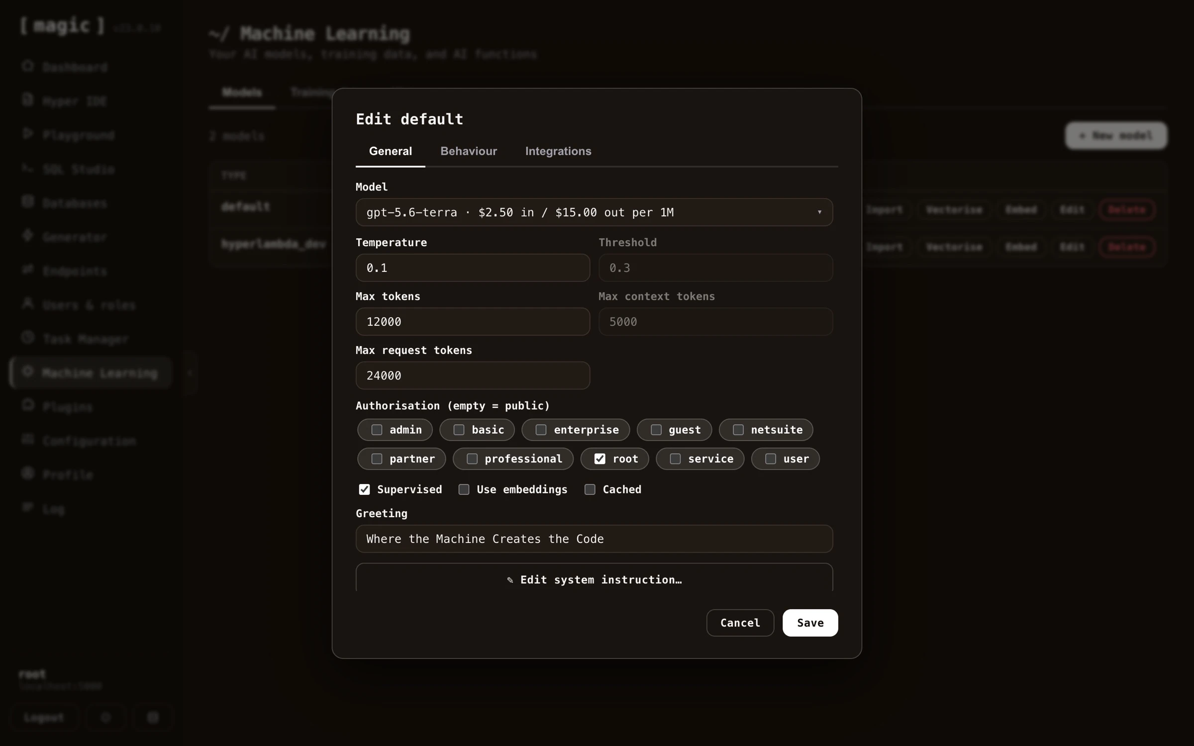 Screenshot of how to configure your machine learning model