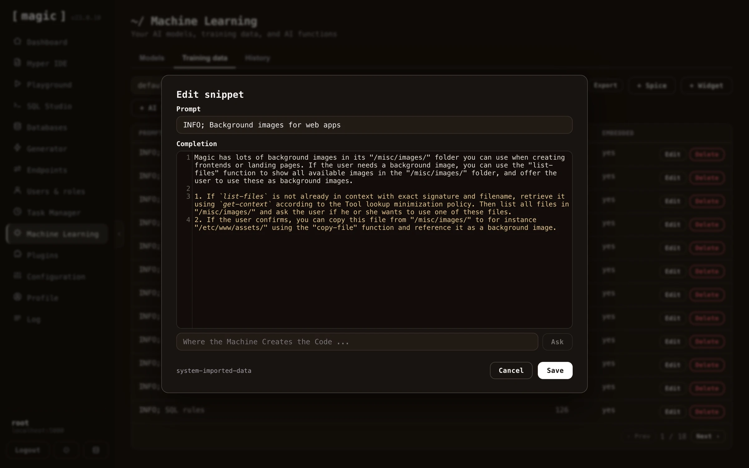 Screenshot of editing one training snippet