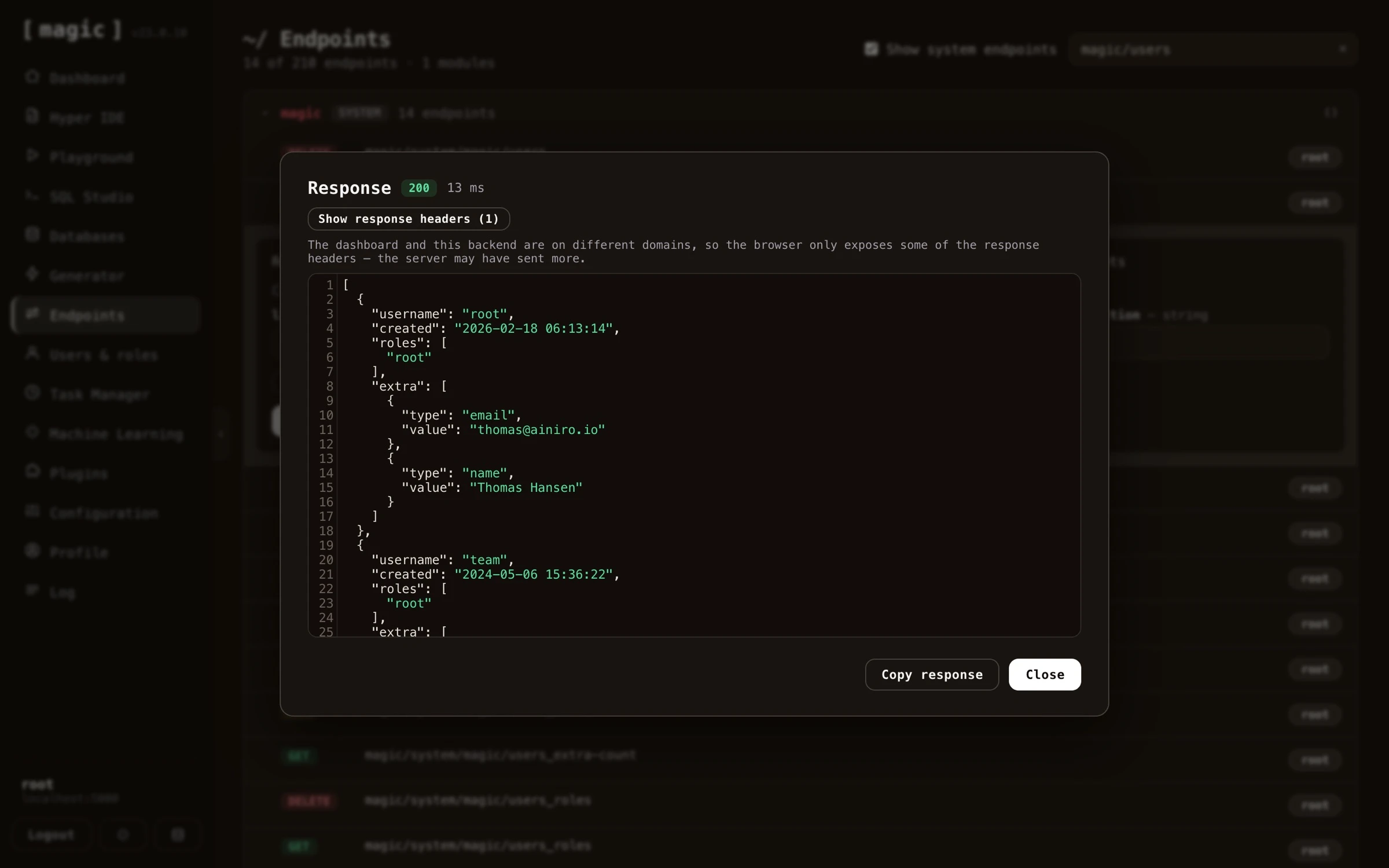 Screenshot of the response dialog showing status code, timing, and the JSON response body