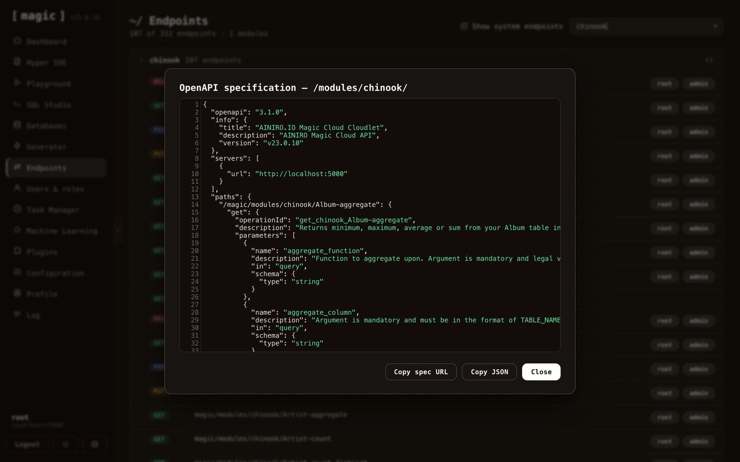 Screenshot of the OpenAPI specification for the chinook module