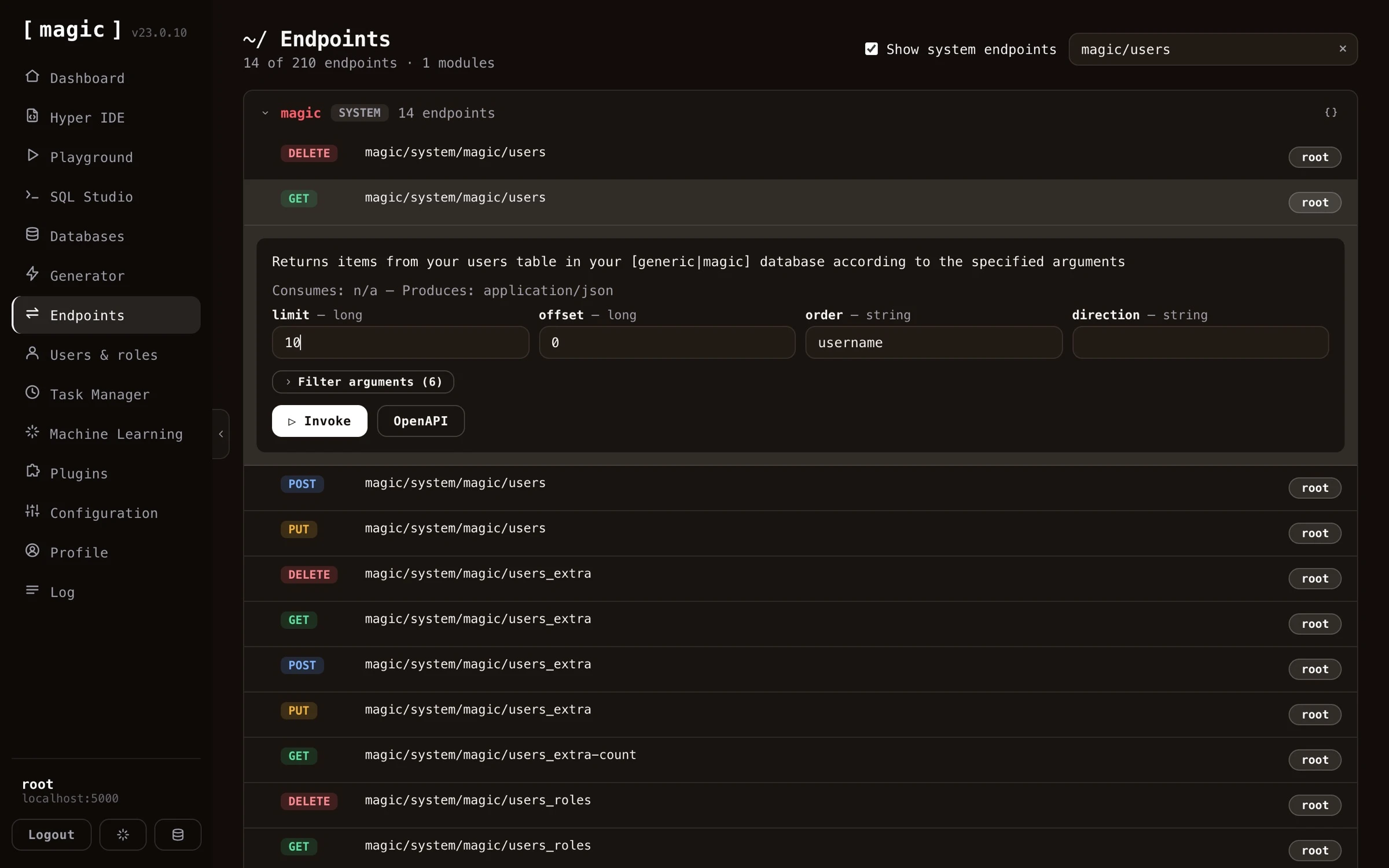 Screenshot of parametrising an endpoint invocation with limit, offset and order arguments