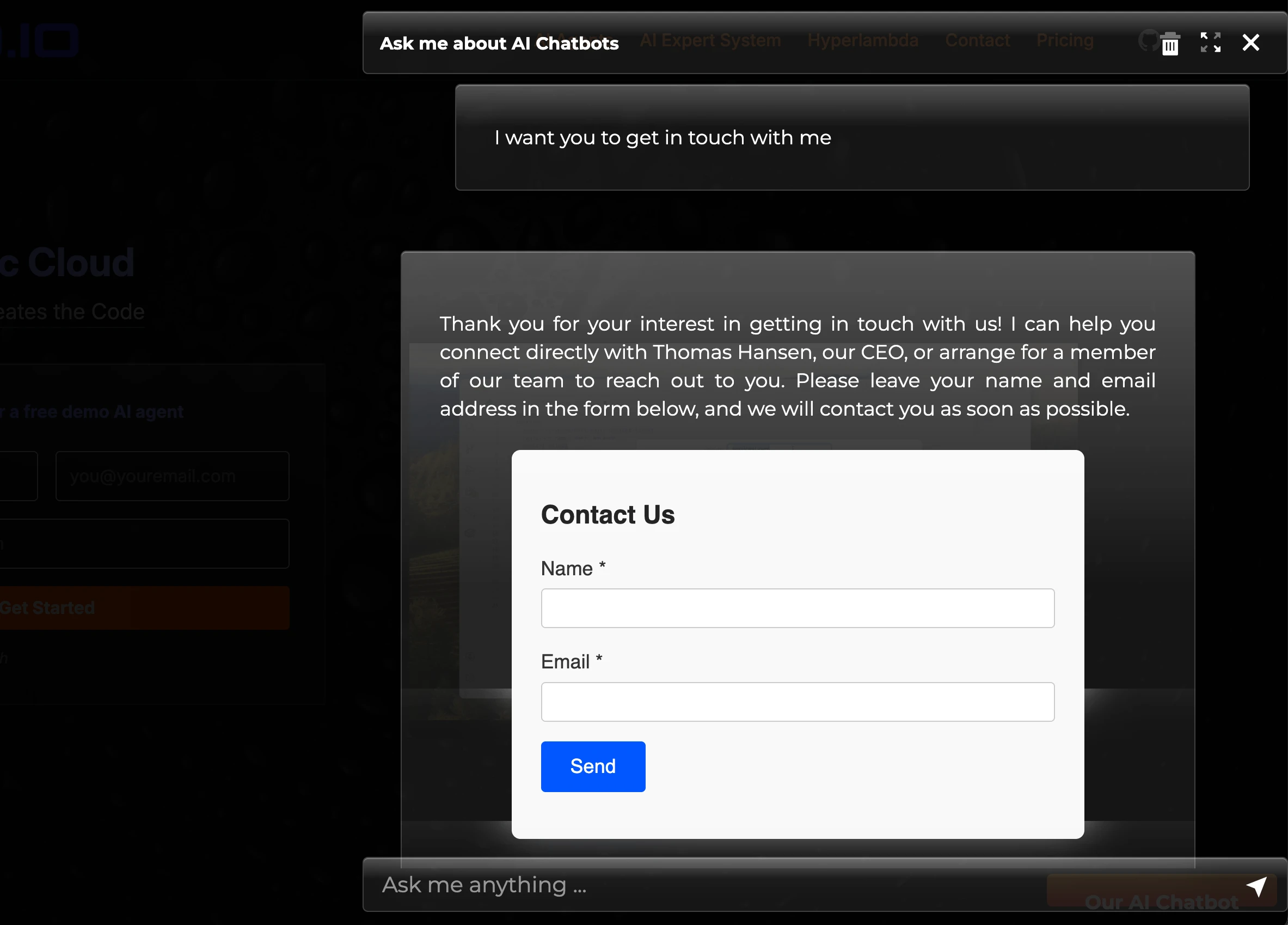 Screenshot of a working widget rendering a contact form inside the chat stream