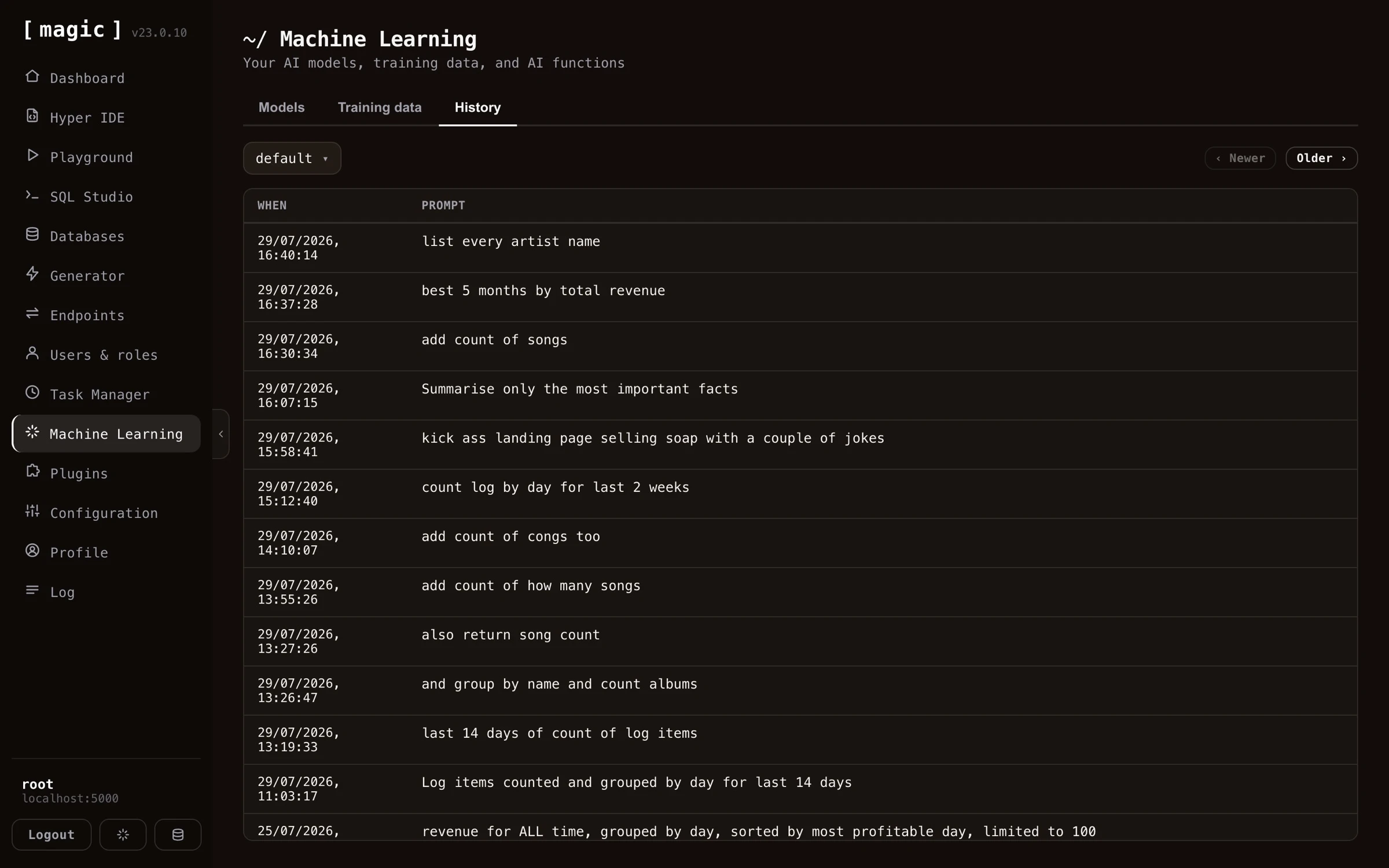 Screenshot of the History tab showing previous questions and answers