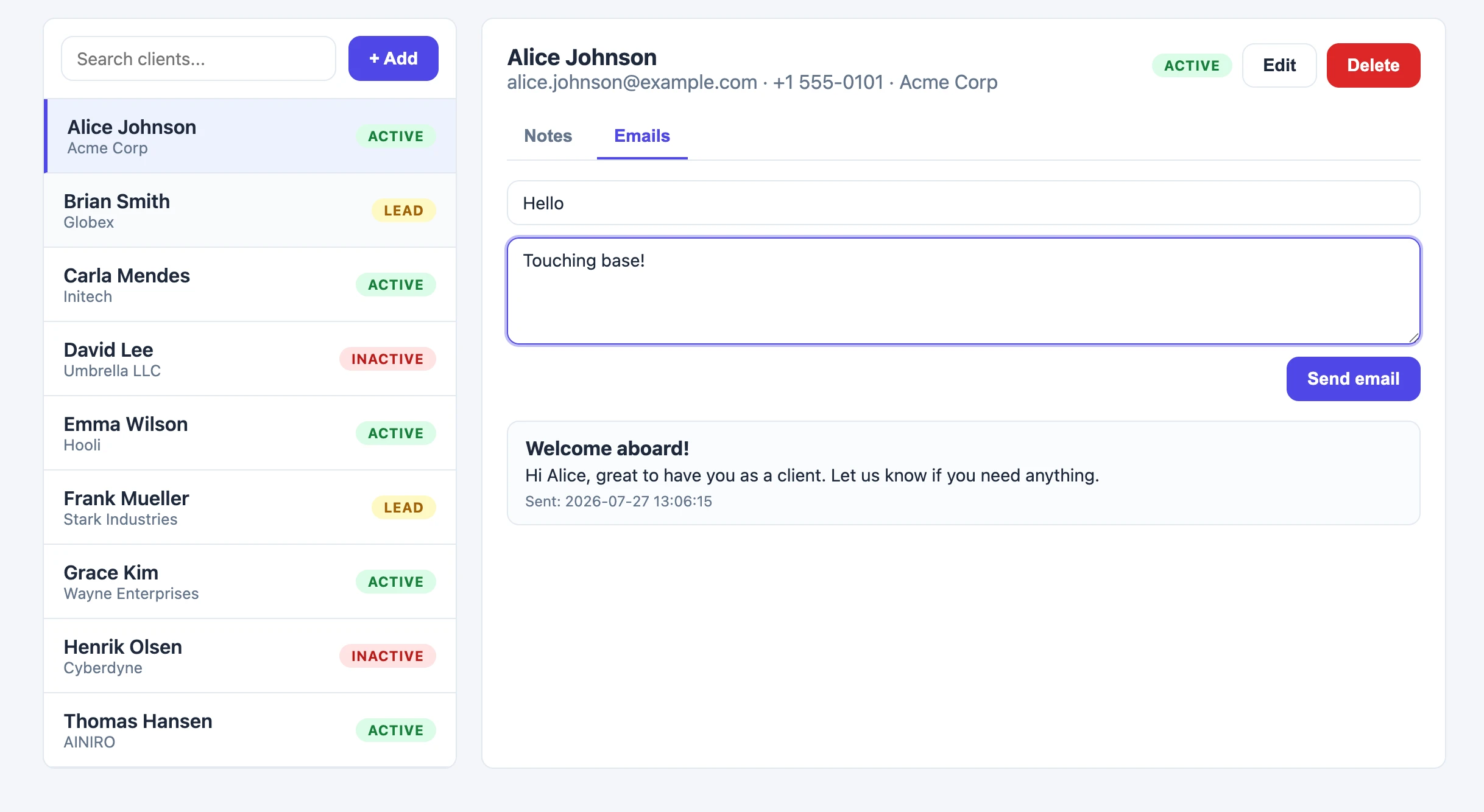 A home grown CRM app with clients, notes and emails, vibe coded in 7 minutes for 50 cents