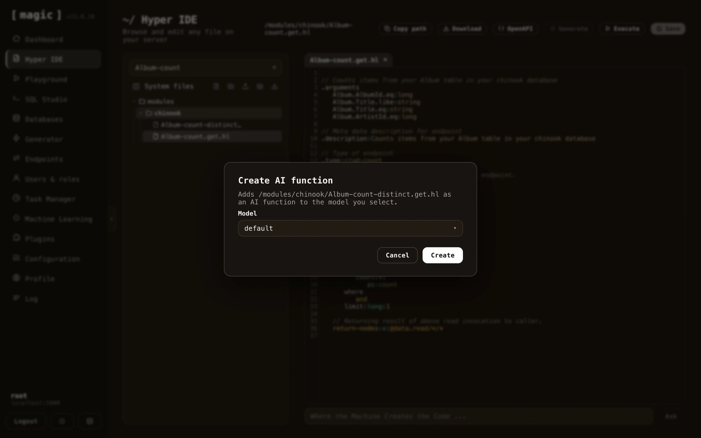Screenshot of creating an AI function from a Hyperlambda file, adding it to a machine learning model