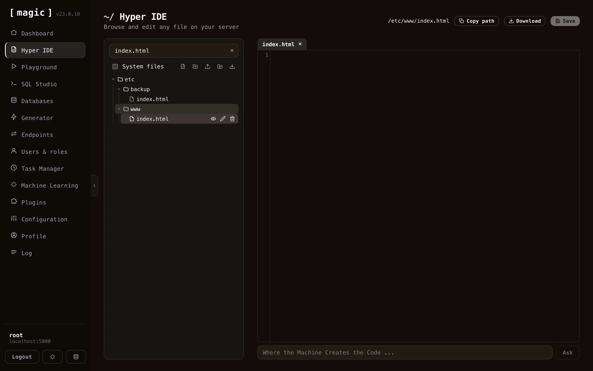 Screenshot of editing a static web file underneath /etc/www/ in Hyper IDE