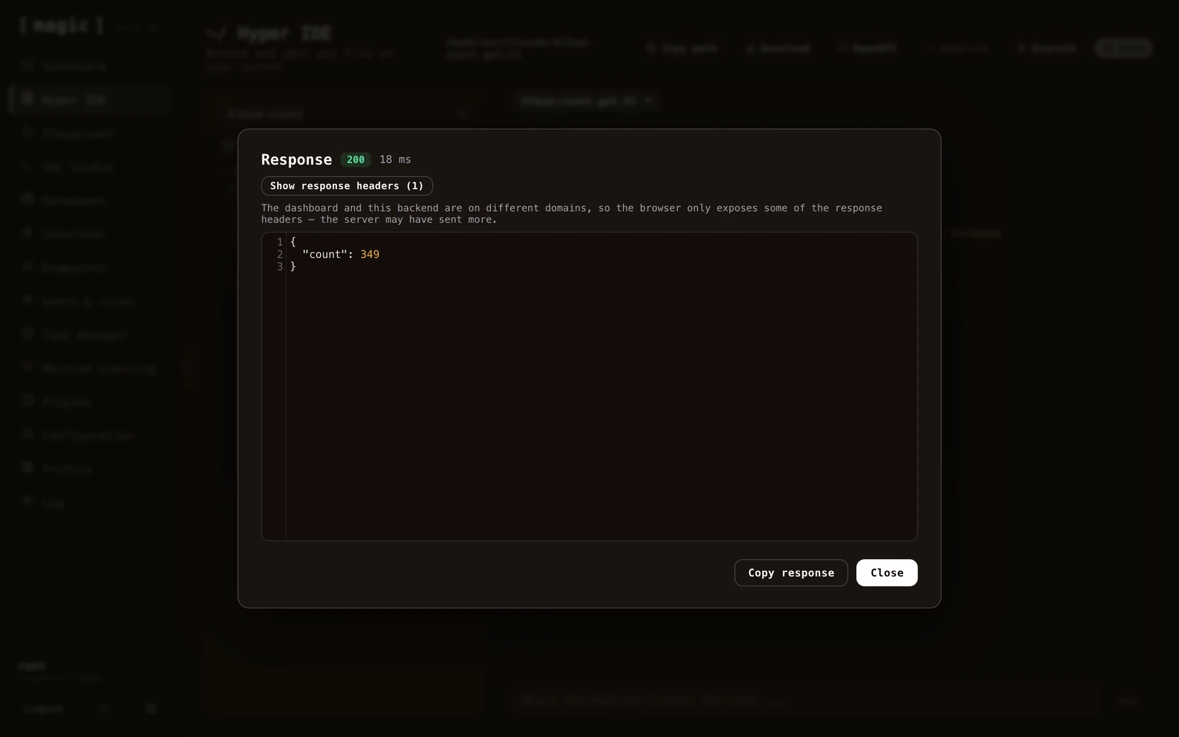 Screenshot of executing an API endpoint from Hyper IDE, showing the response