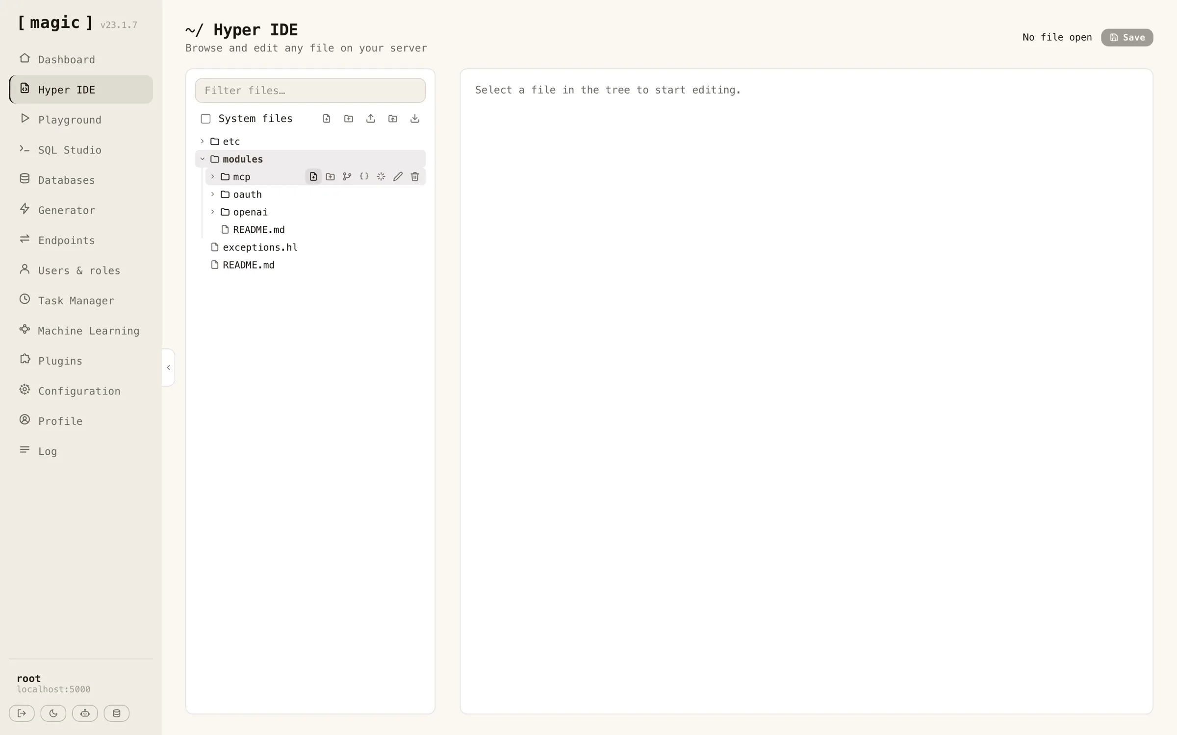 Screenshot of a module folder's action buttons in Hyper IDE's file tree, with the Git branch icon among them