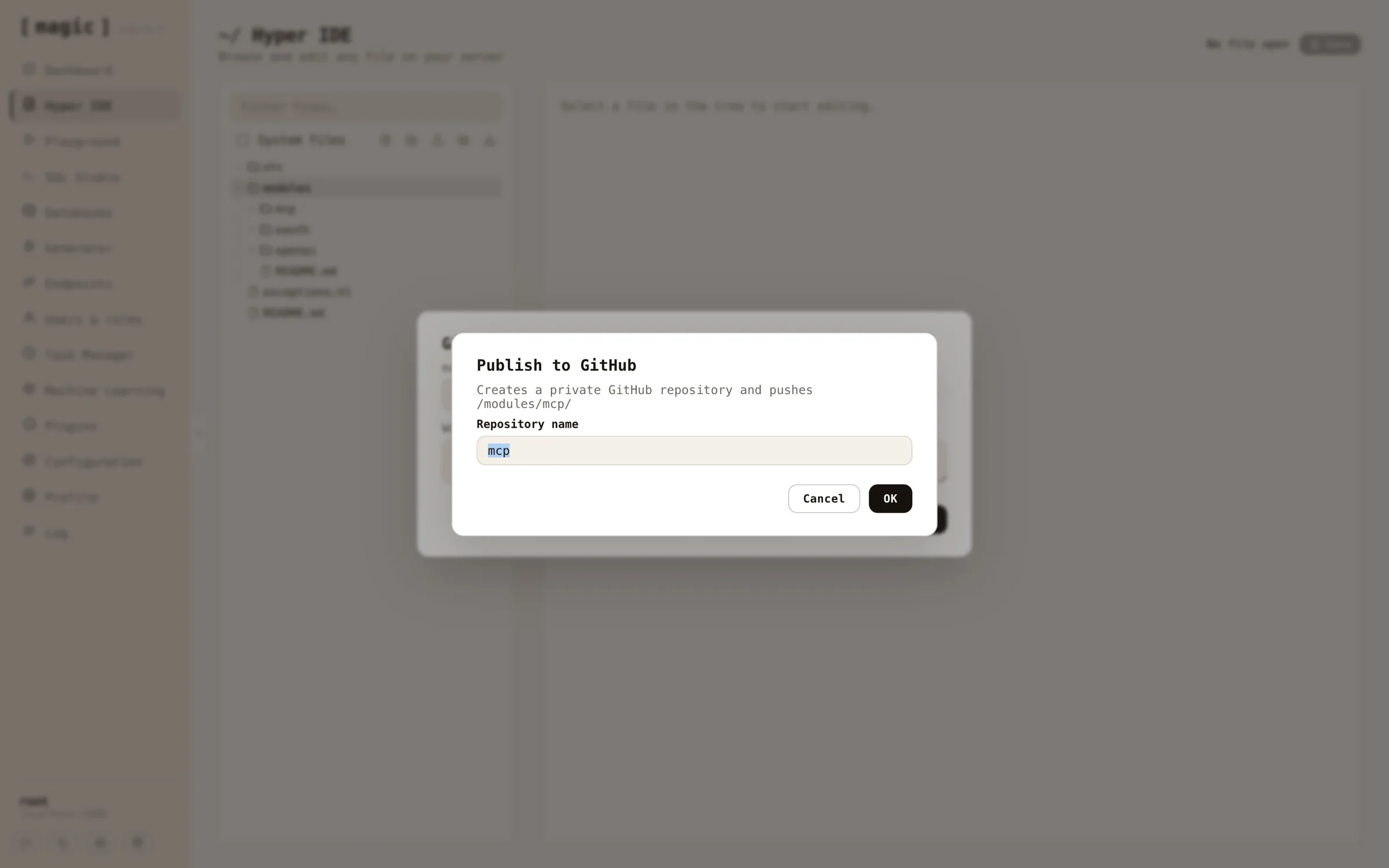 Screenshot of publishing a module to GitHub from Hyper IDE, prompting for the new repository's name