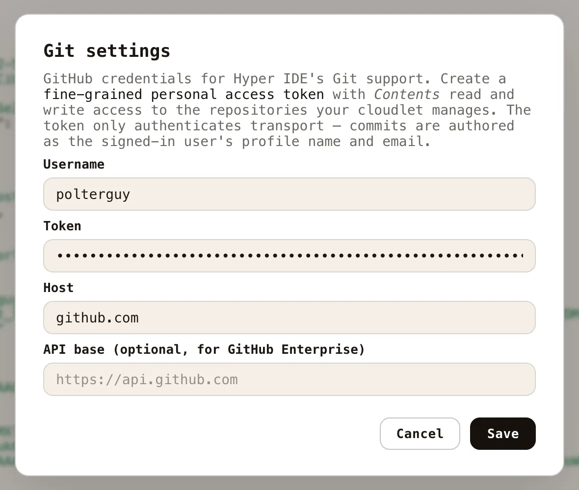 Screenshot of the Git settings dialog on the Configuration screen, with GitHub username, token and host