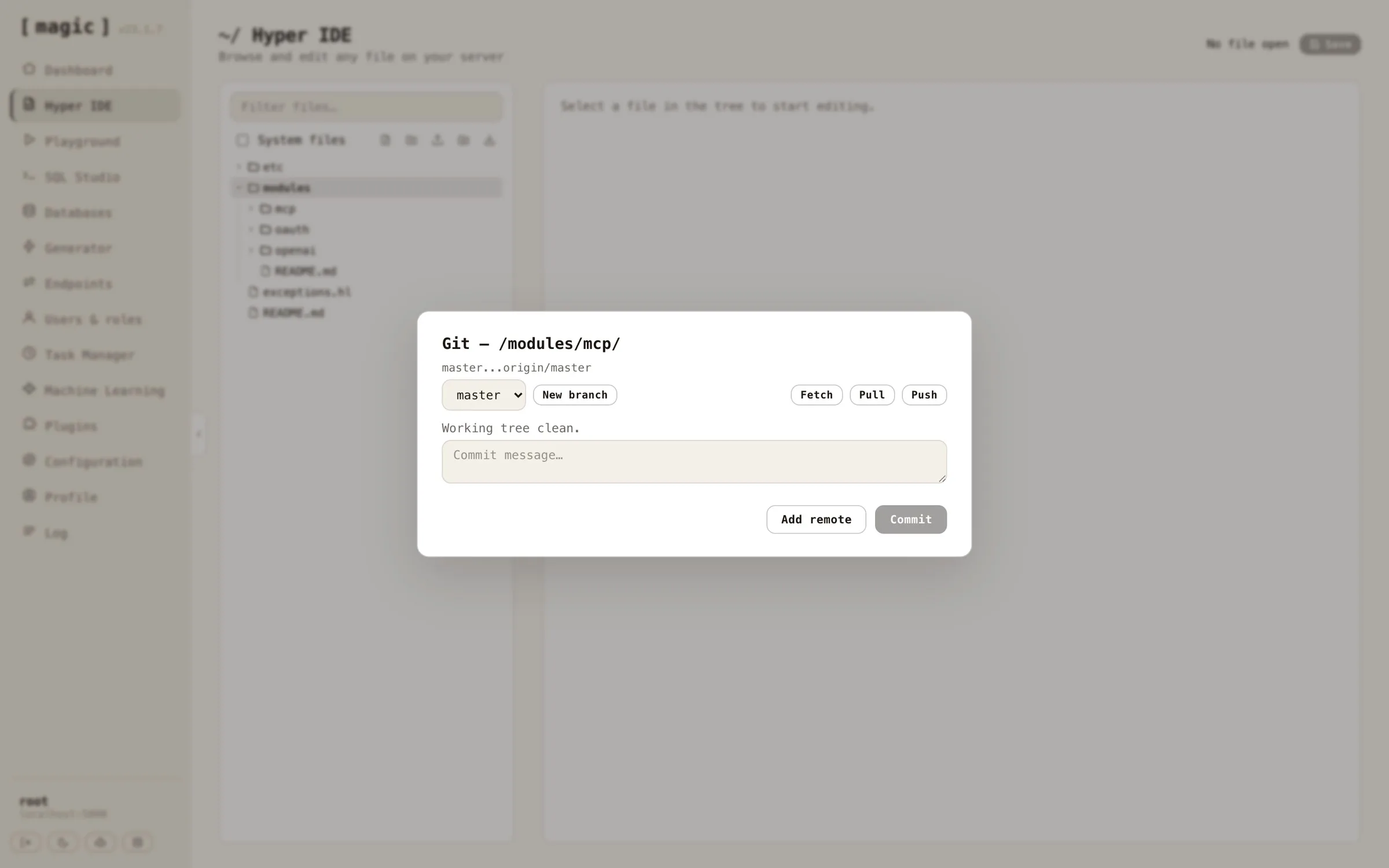 Screenshot of Hyper IDE's Git panel, showing branch, tracking status and commit actions for a module