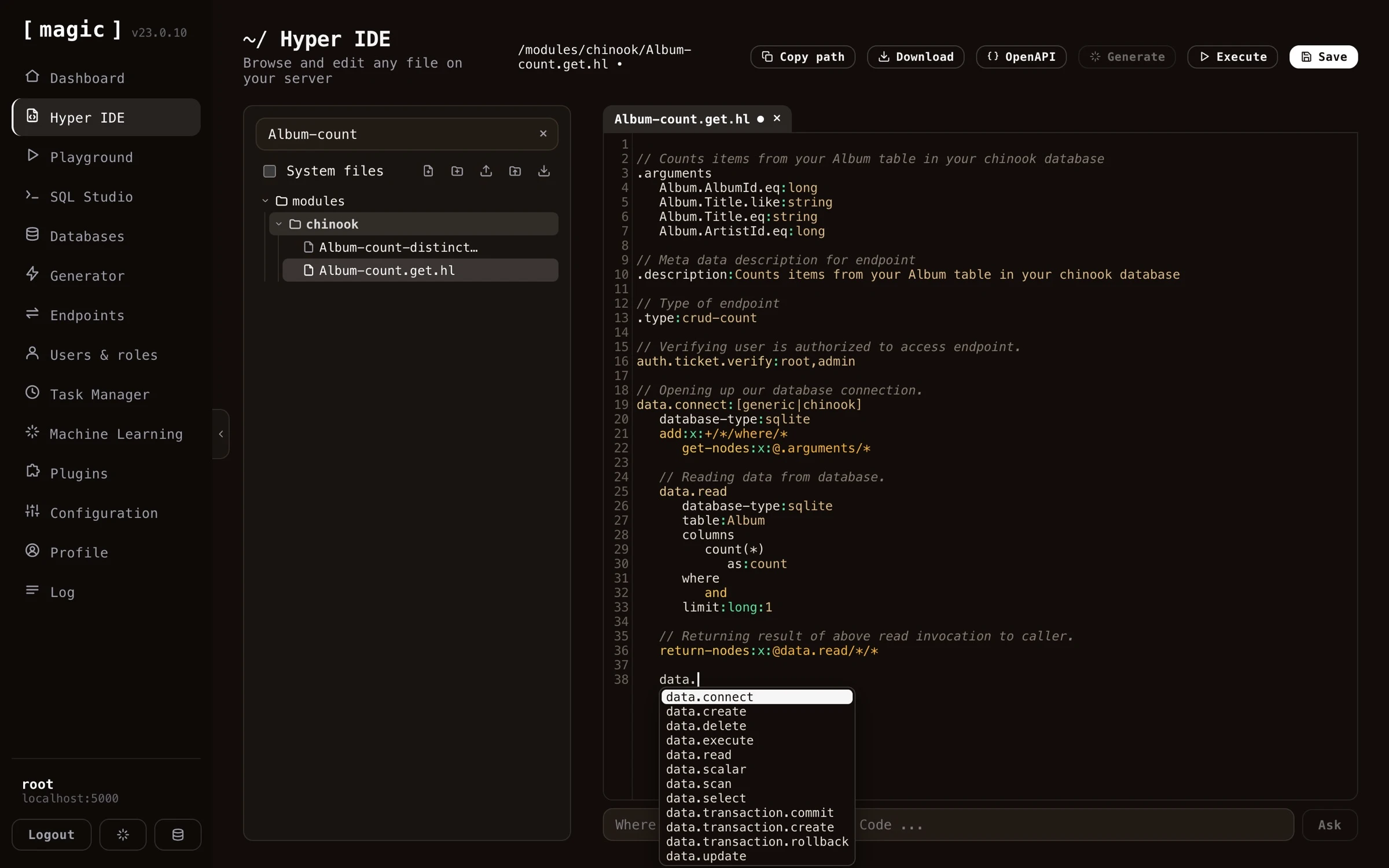 Screenshot of editing Hyperlambda code in Hyper IDE with autocomplete triggered