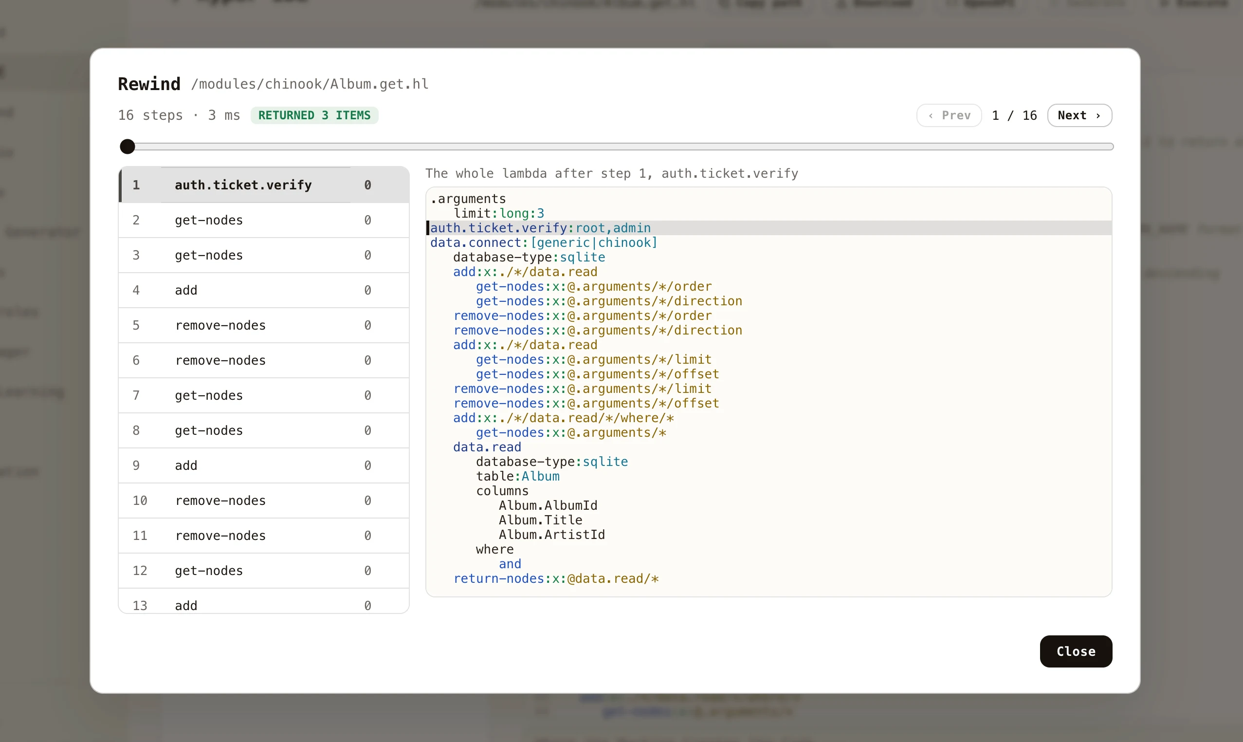 Screenshot of Rewind stepping through a recorded execution in Hyper IDE, with the executing statement highlighted in the code