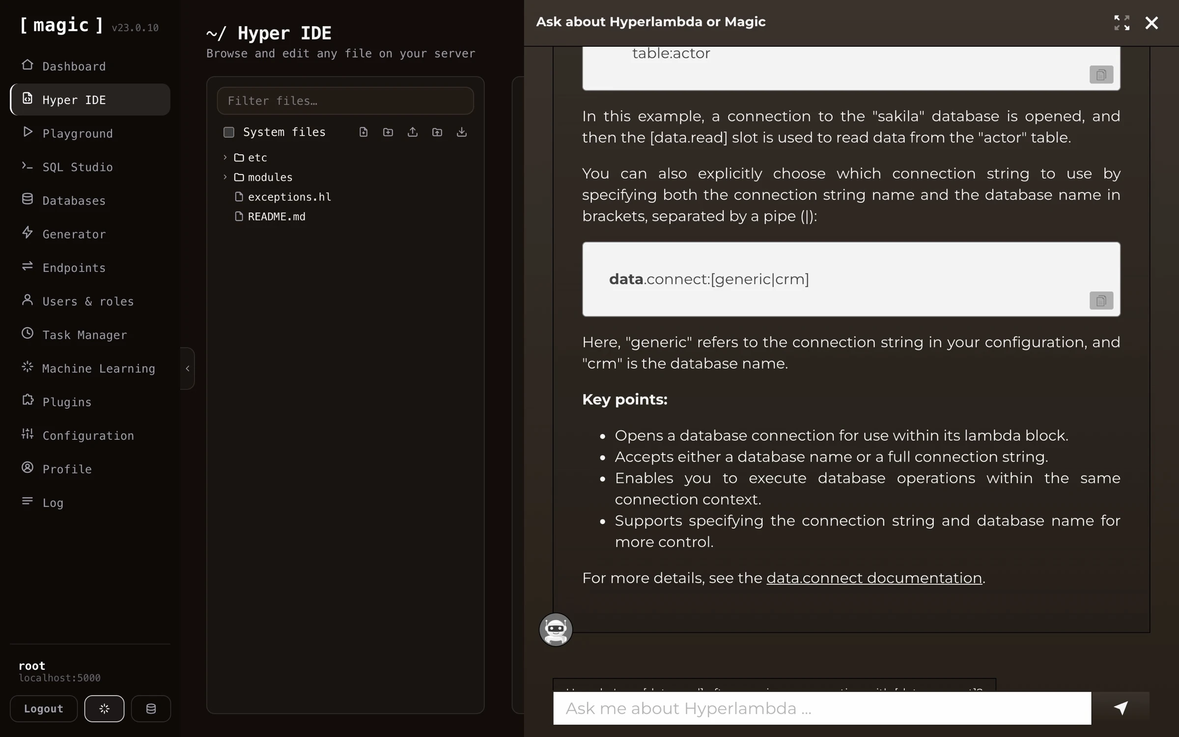 Screenshot of Hyper IDE's integrated Hyperlambda F1-based help component