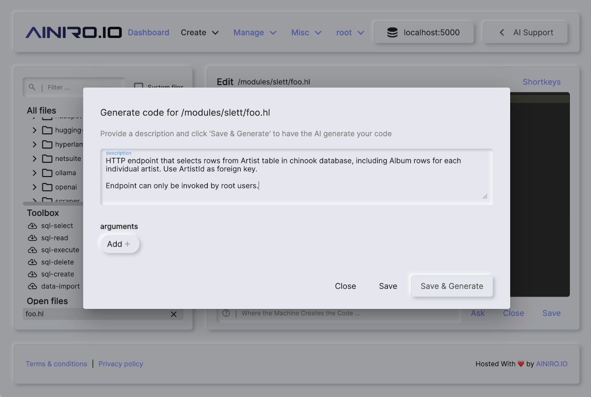 Screenshot of the Hyperlambda Generator creating an HTTP CRUD endpoint