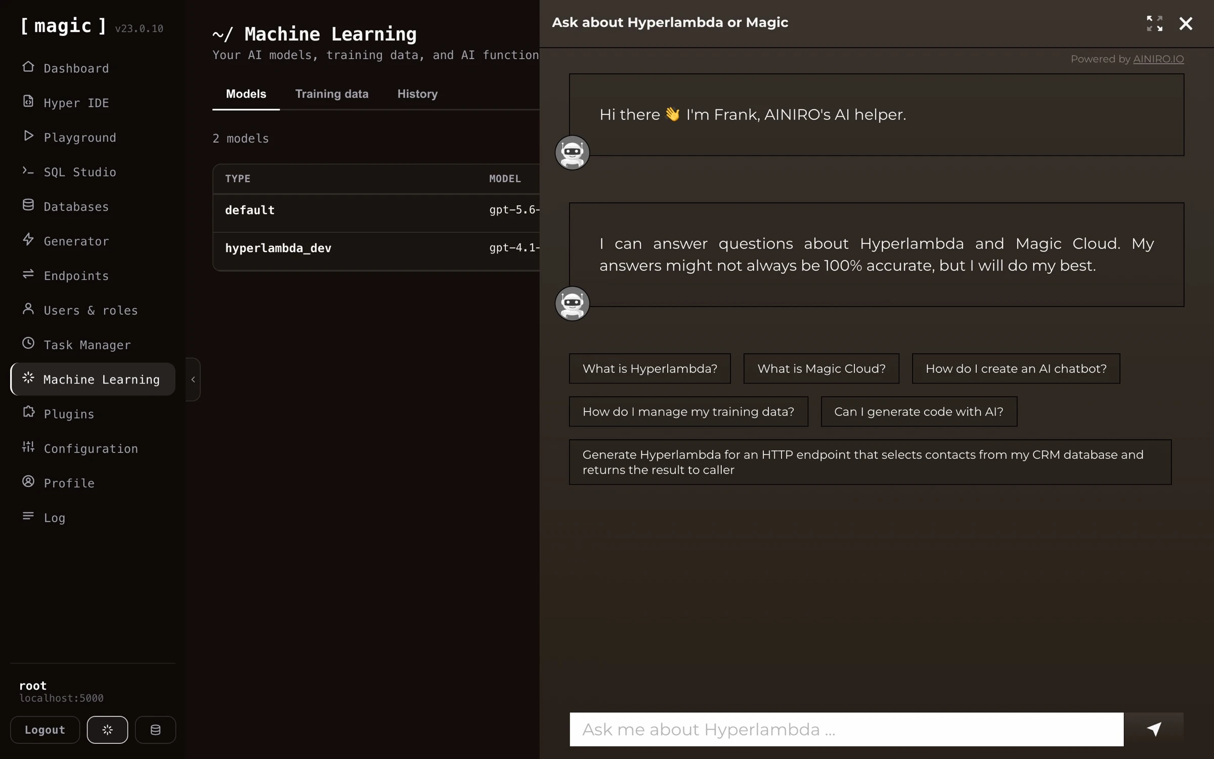 Screenshot of an AI chatbot answering questions about Hyperlambda and Magic