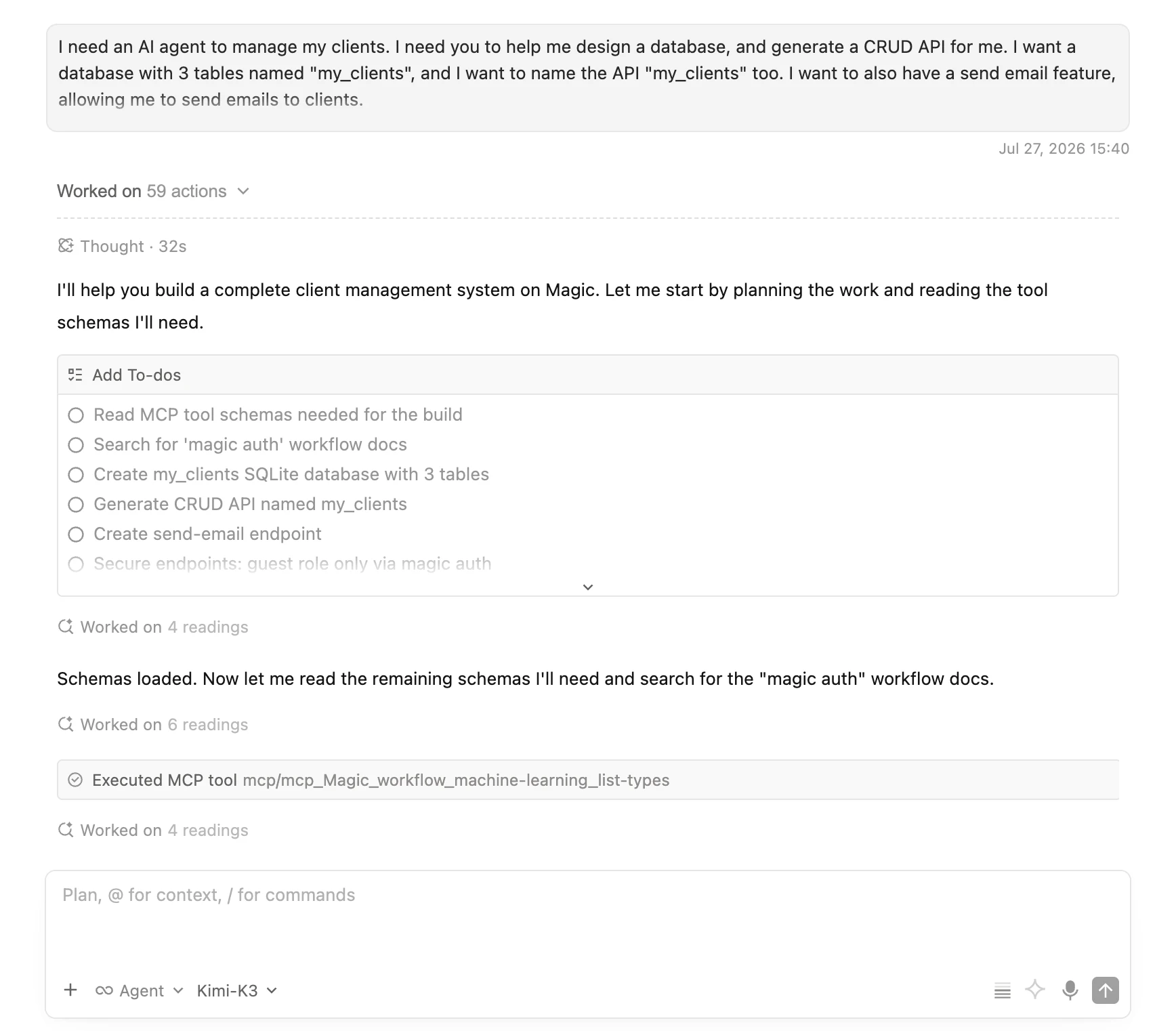 Screenshot of Qoder using Kimi K3 to build a full stack app autonomously over Magic's MCP connector