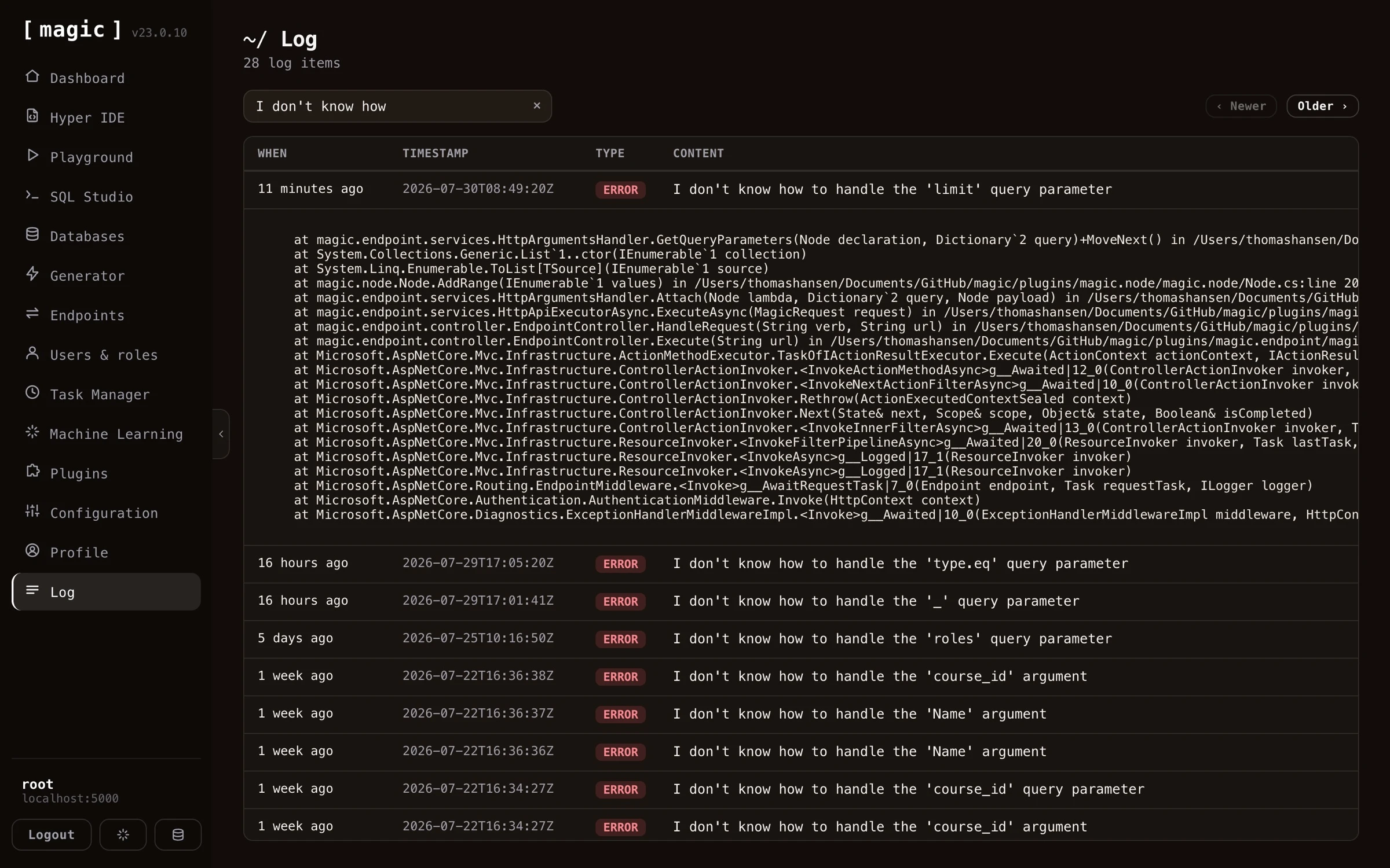 Screenshot of an expanded log item showing the complete stack trace of an error