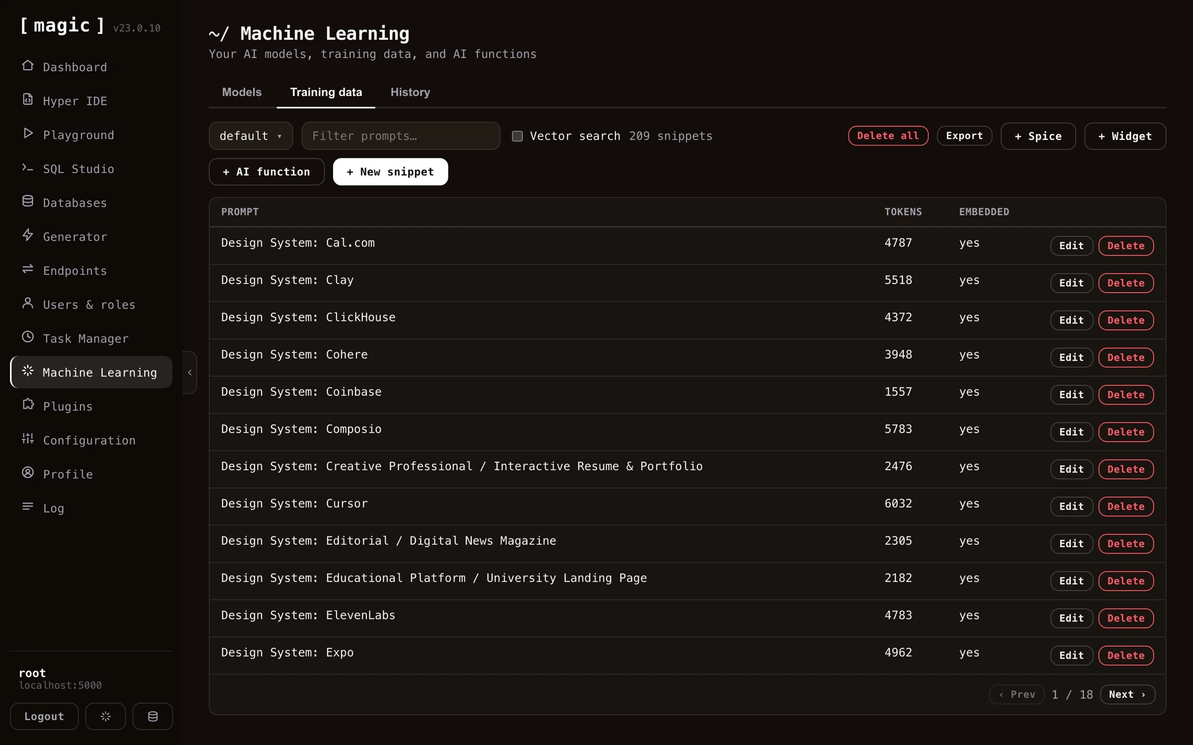 Screenshot of the Machine Learning component showing a model's training data