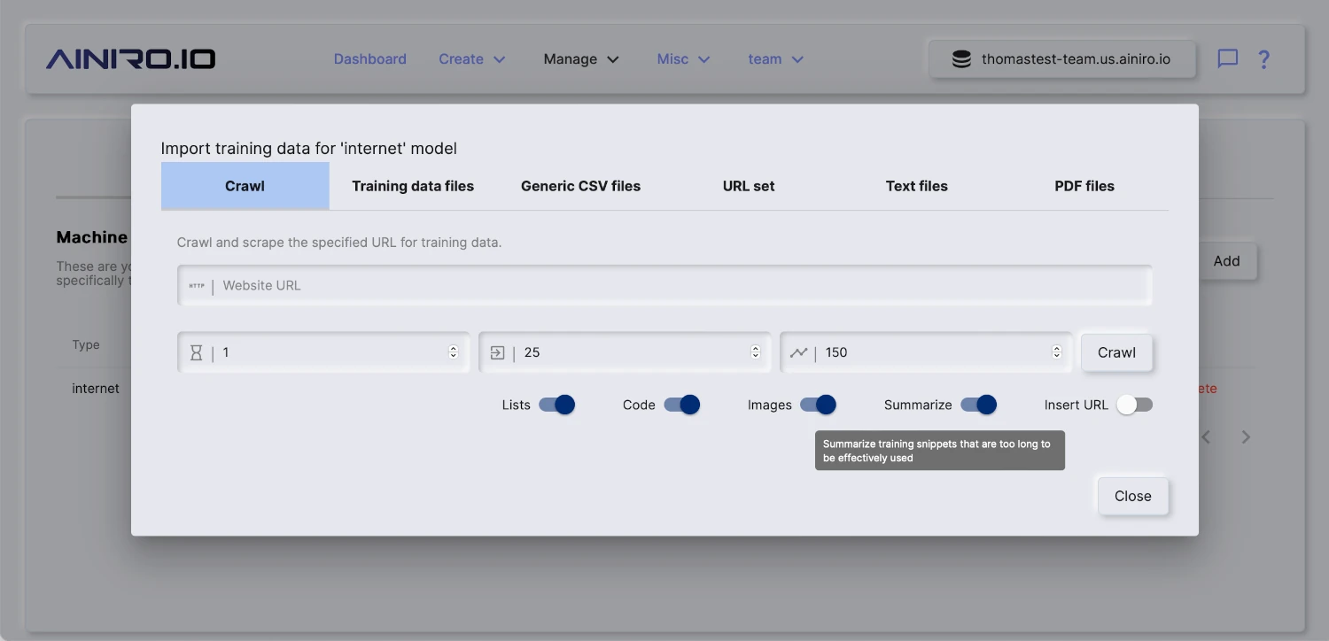 Screenshot of crawling and scraping your website for RAG data for your machine leaning model