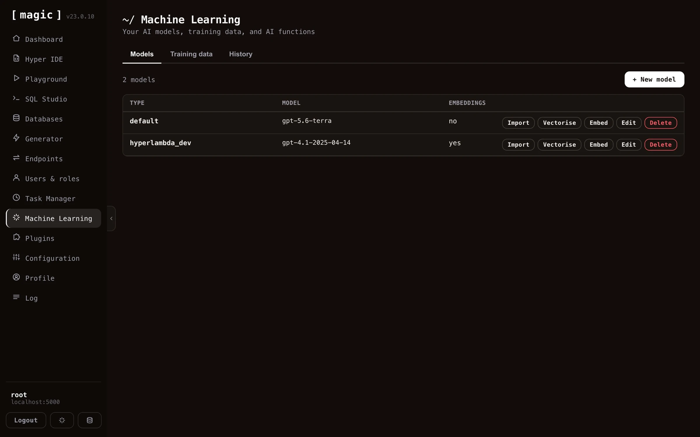Screenshot of the Machine Learning component listing your AI models
