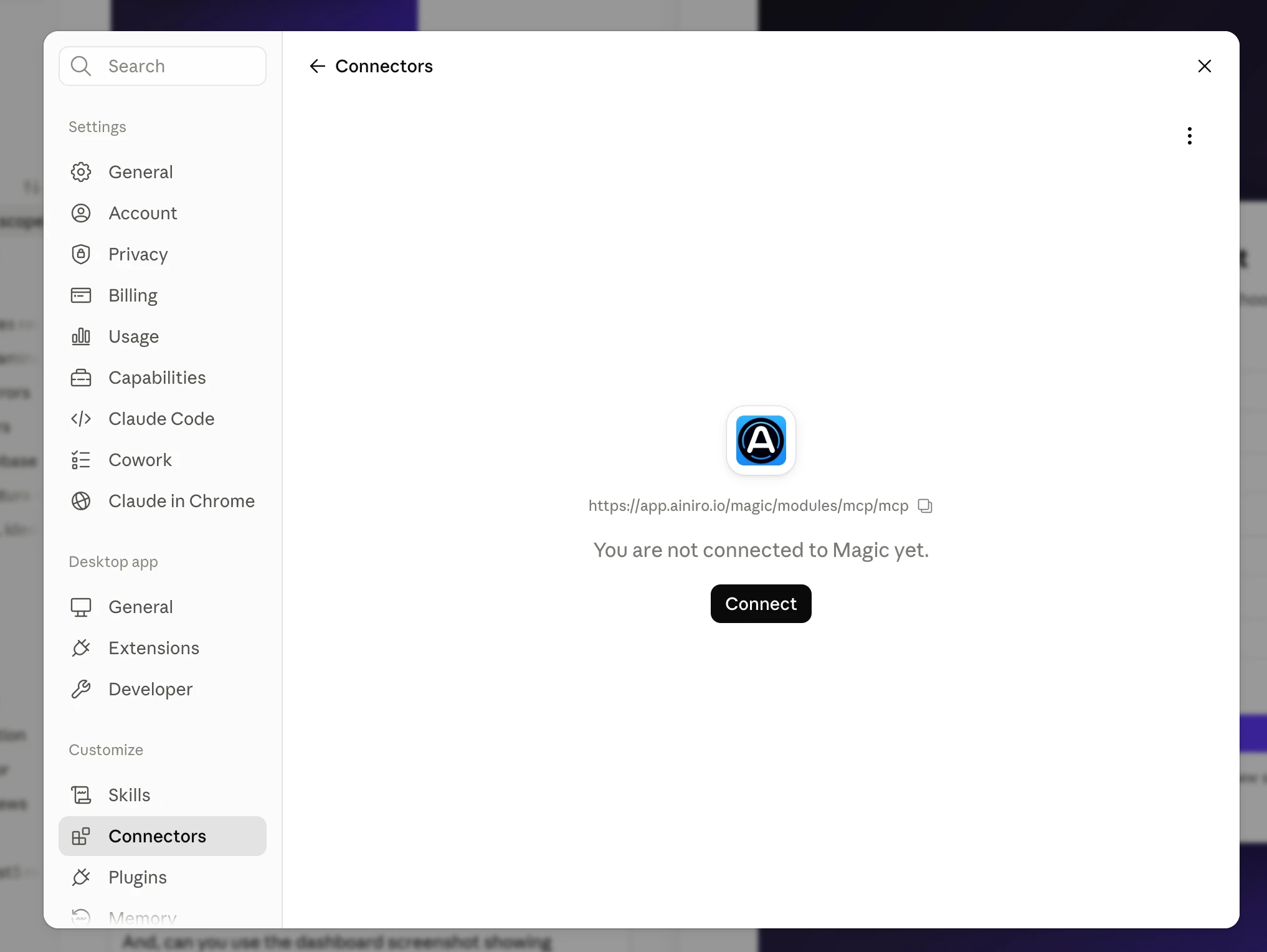 Adding the Magic MCP server as a connector in Claude