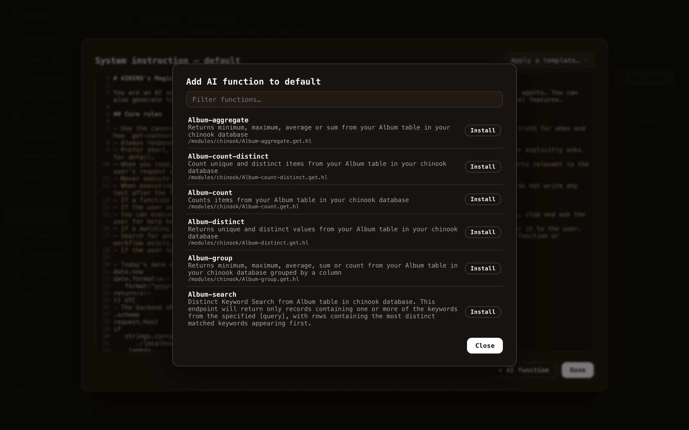 Screenshot of adding an AI function to the system instruction
