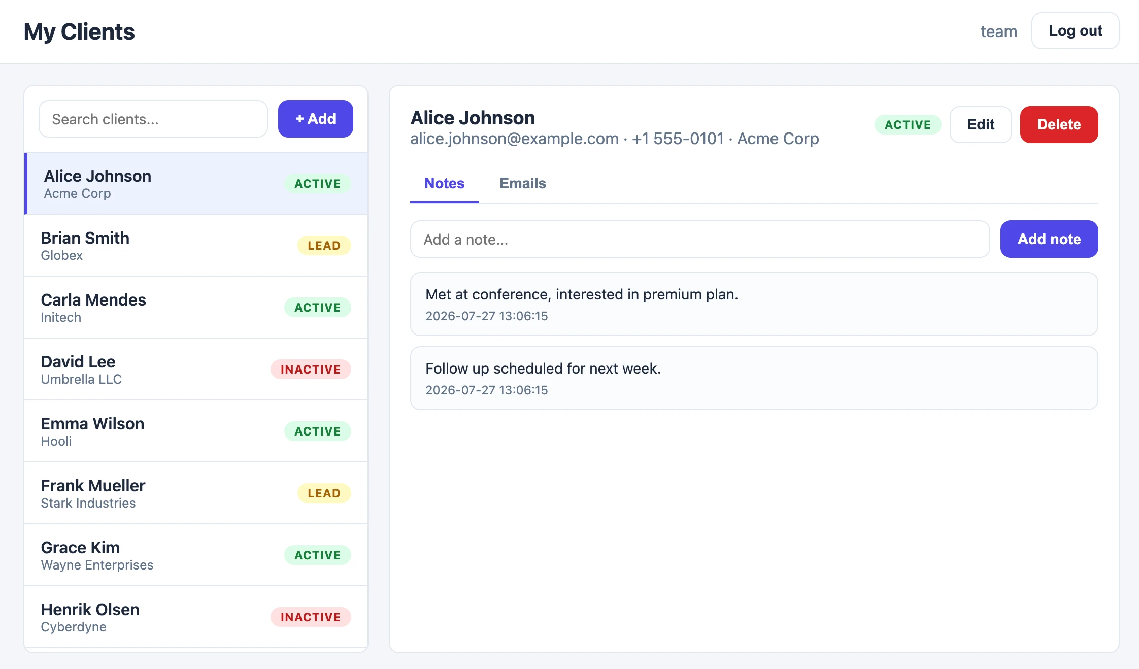 Screenshot of the resulting My Clients full stack app created by the workflow