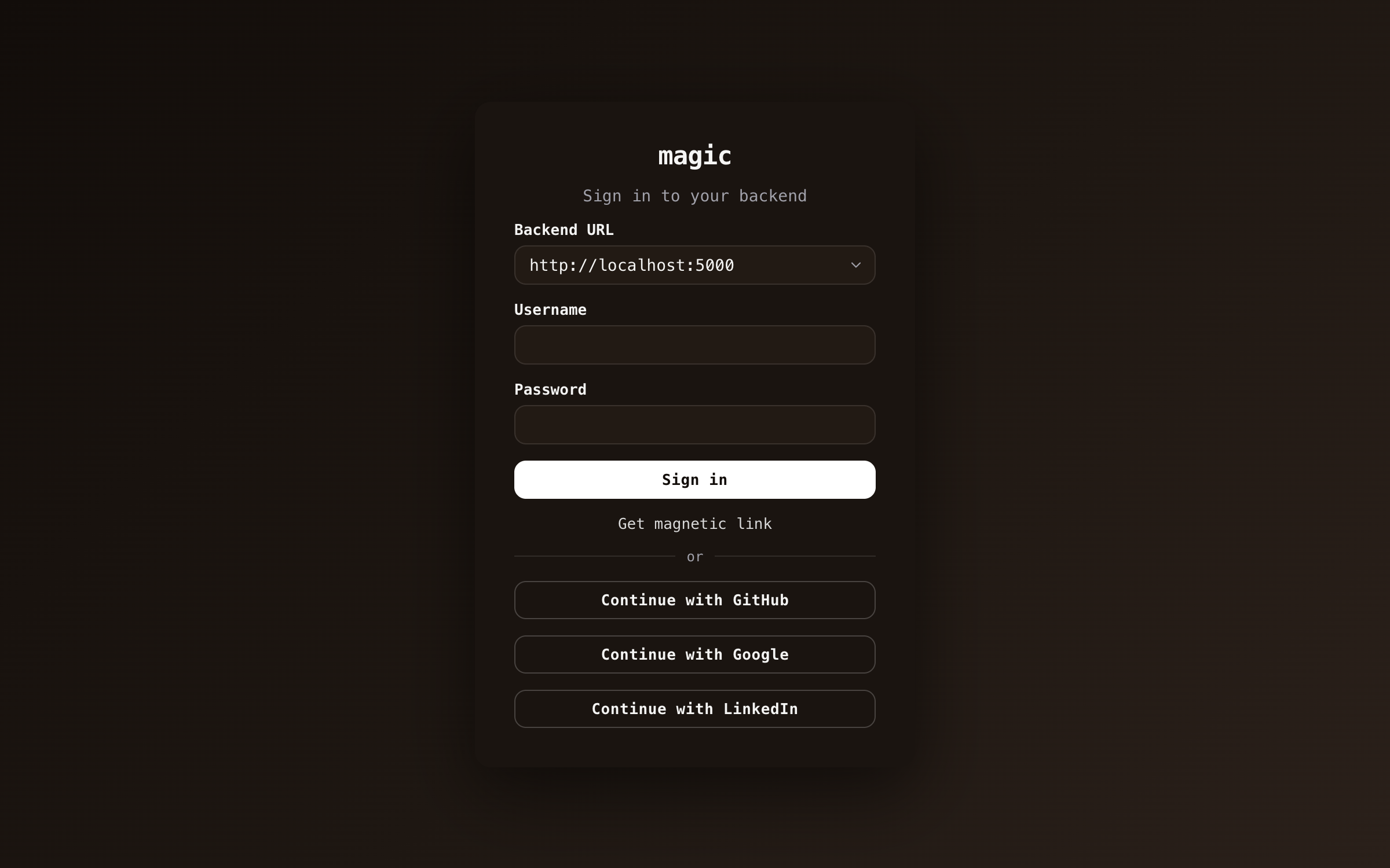 Magic's login screen with Continue with GitHub, Google and LinkedIn buttons