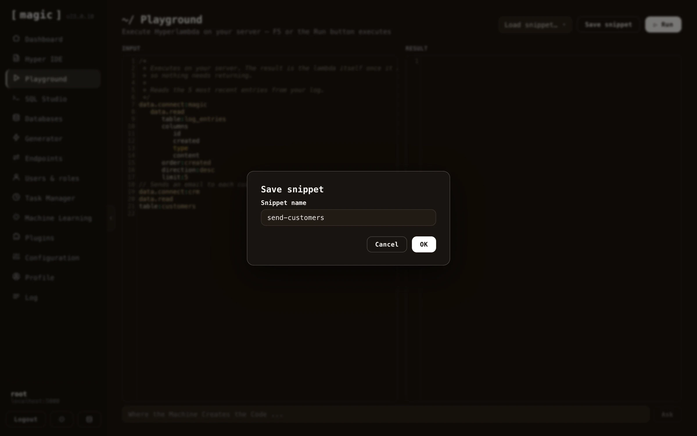 Screenshot of saving a Hyperlambda snippet with the Save snippet dialog