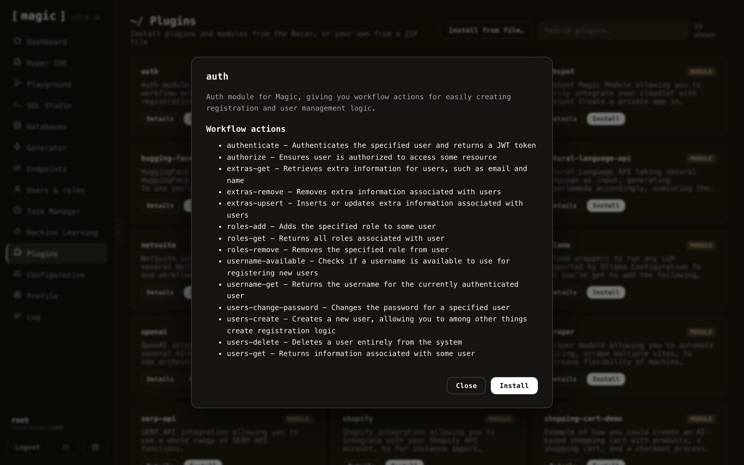 Screenshot of the Details dialog for a plugin, showing its description and workflow actions