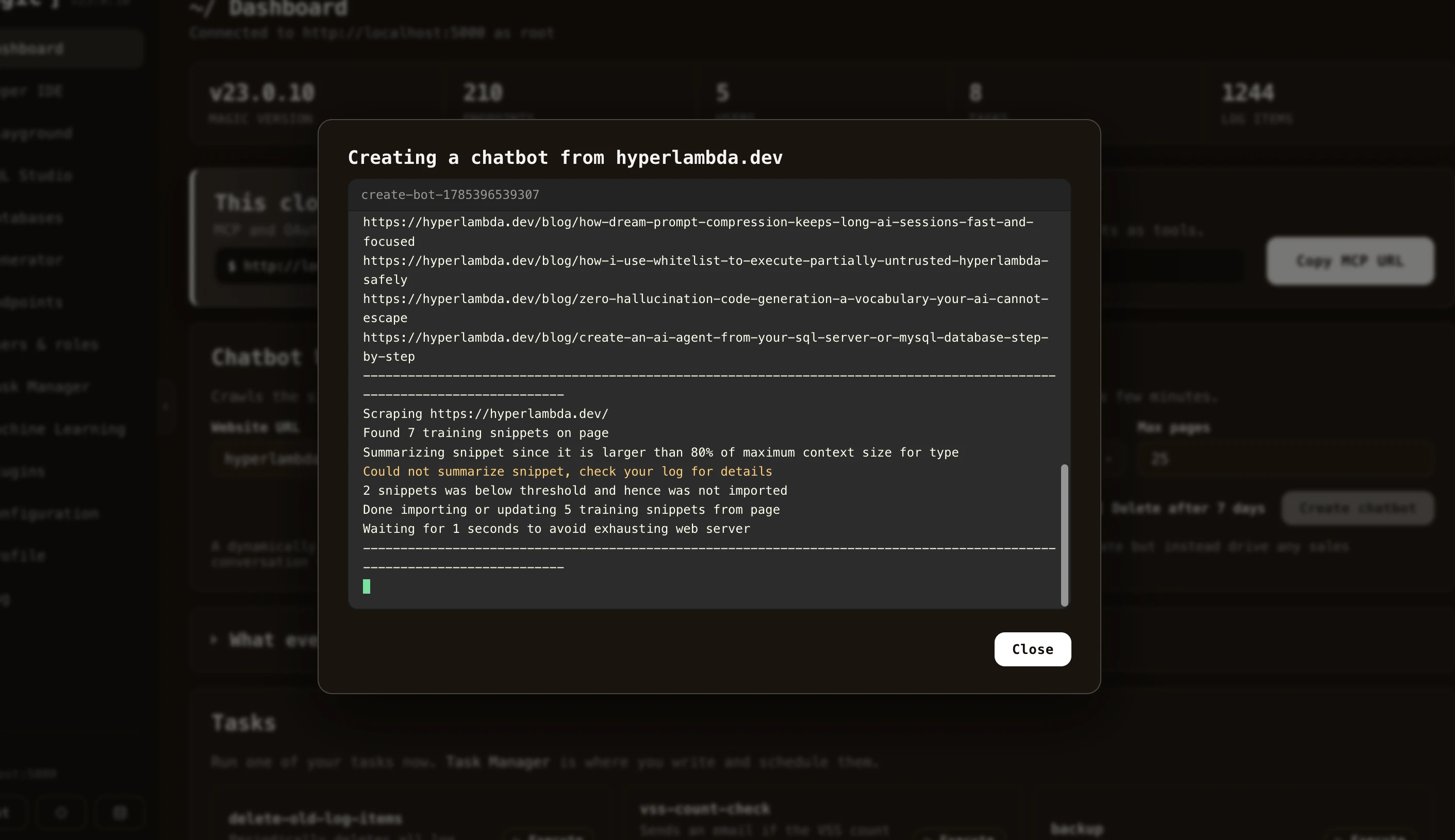 Screenshot of the dashboard crawling and scraping a website to create an AI chatbot