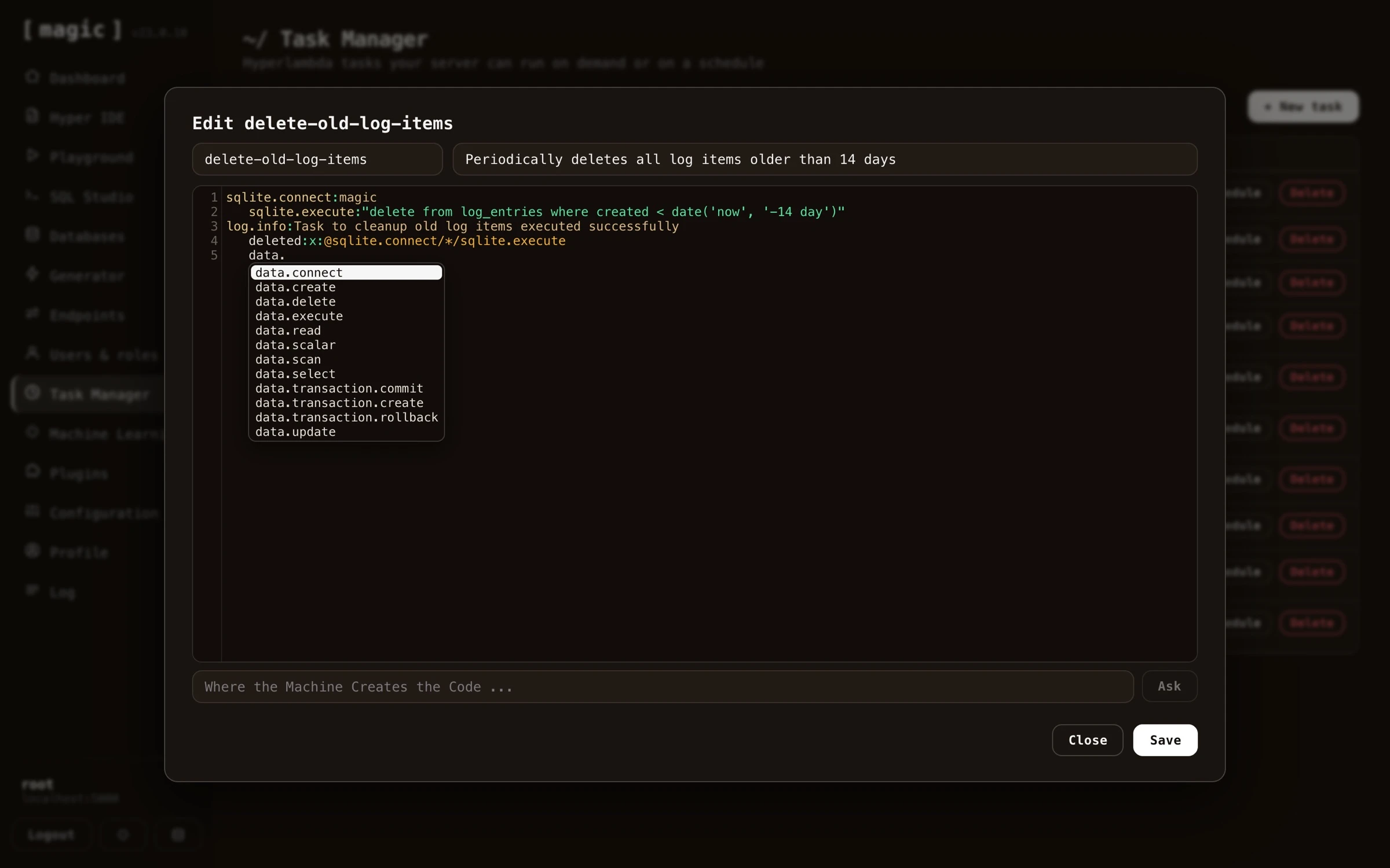 Screenshot of editing an existing task with autocomplete triggered, showing matching slots