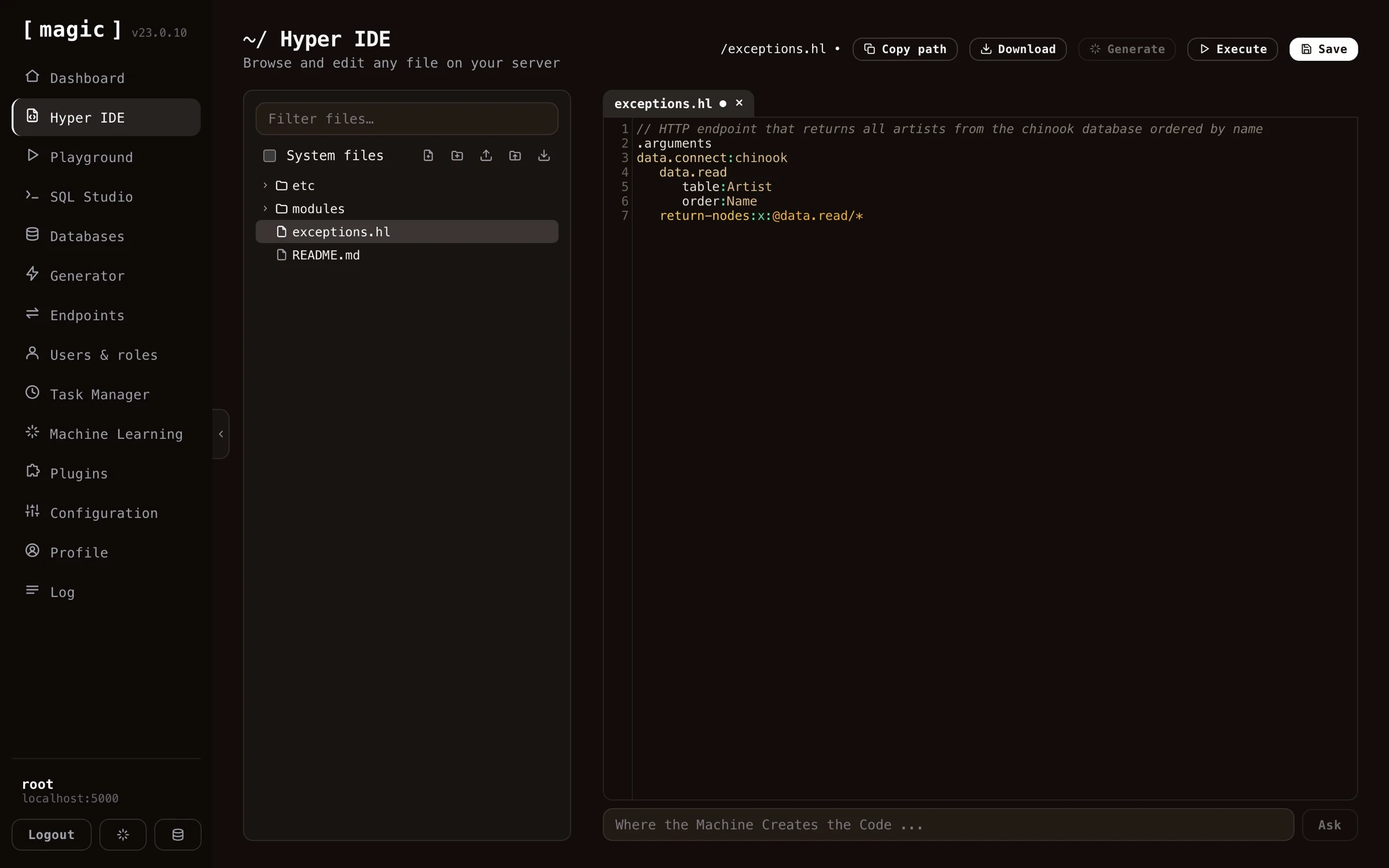 Screenshot of how to use AI to generate code in Hyper IDE