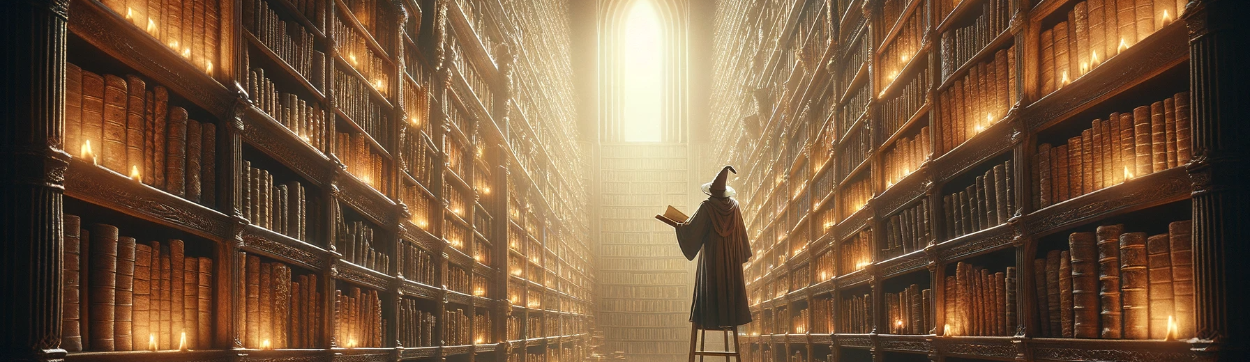 Wizard standing in his library reading a book symbolizing the power of Magic Cloud