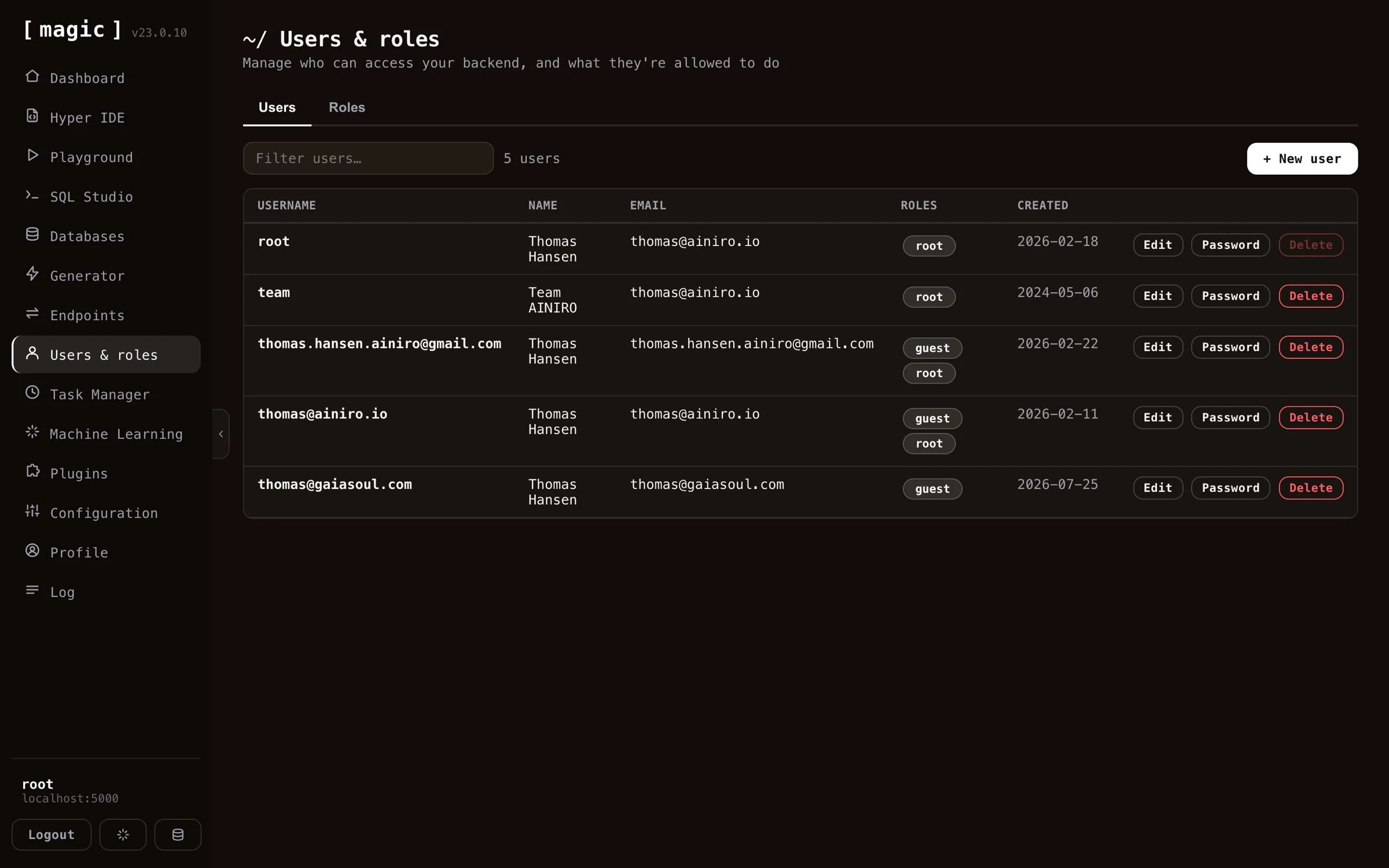 Screenshot of how to create a new user in Magic