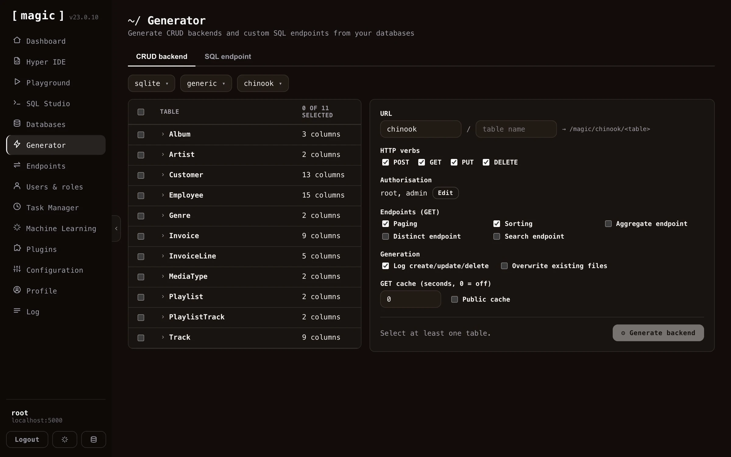 Screenshot of Endpoint Generator allowing you to generate CRUD apps wrapping your database of choice