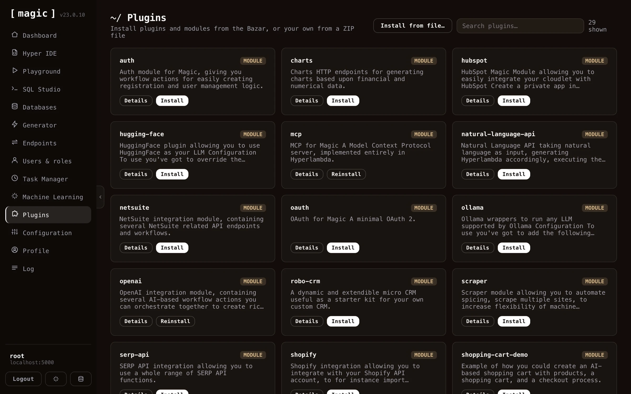 Screenshot of the plugins component allowing you to extend your cloudlet