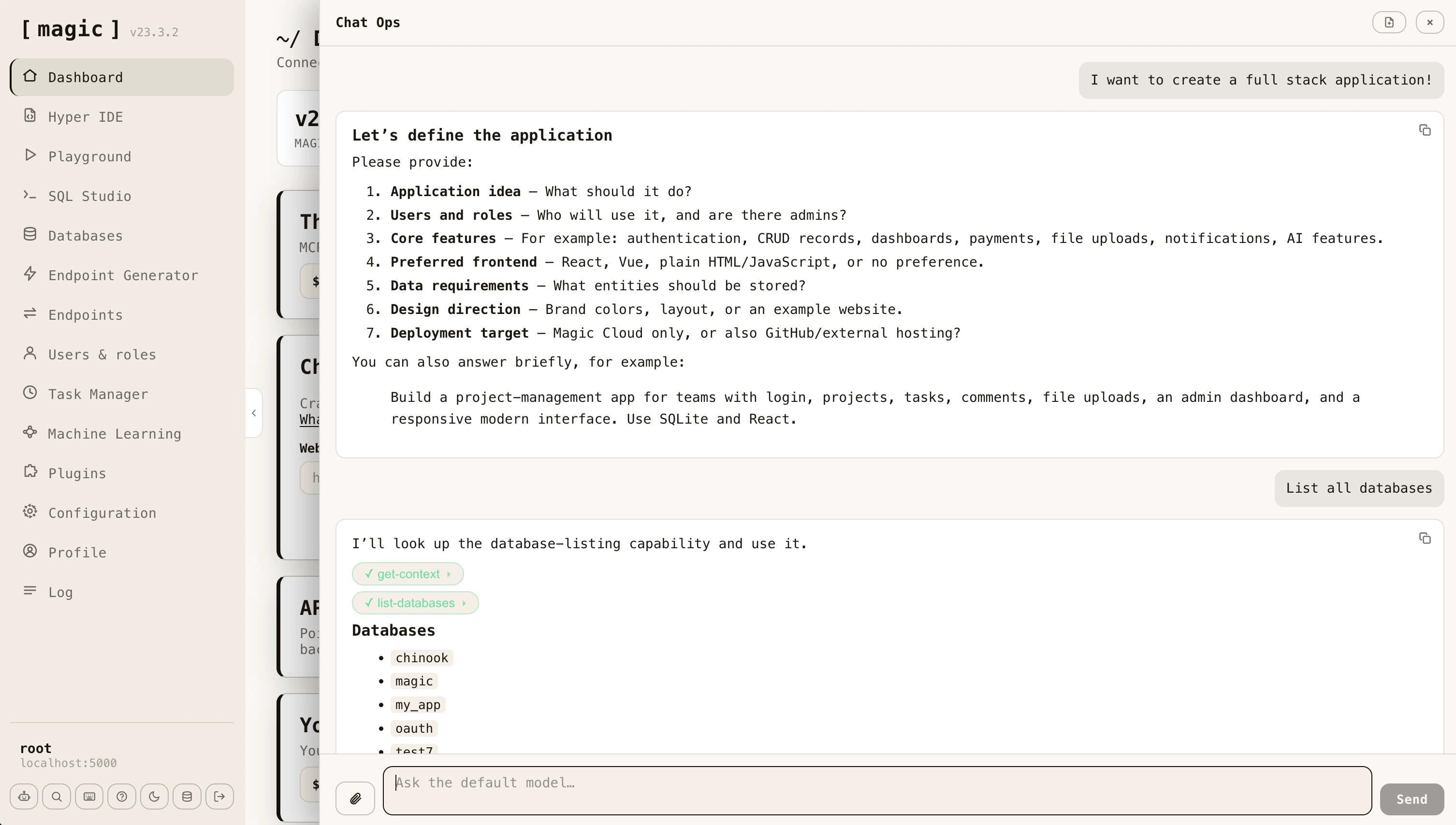 Screenshot of Chat Ops operating a Magic cloudlet from the dashboard