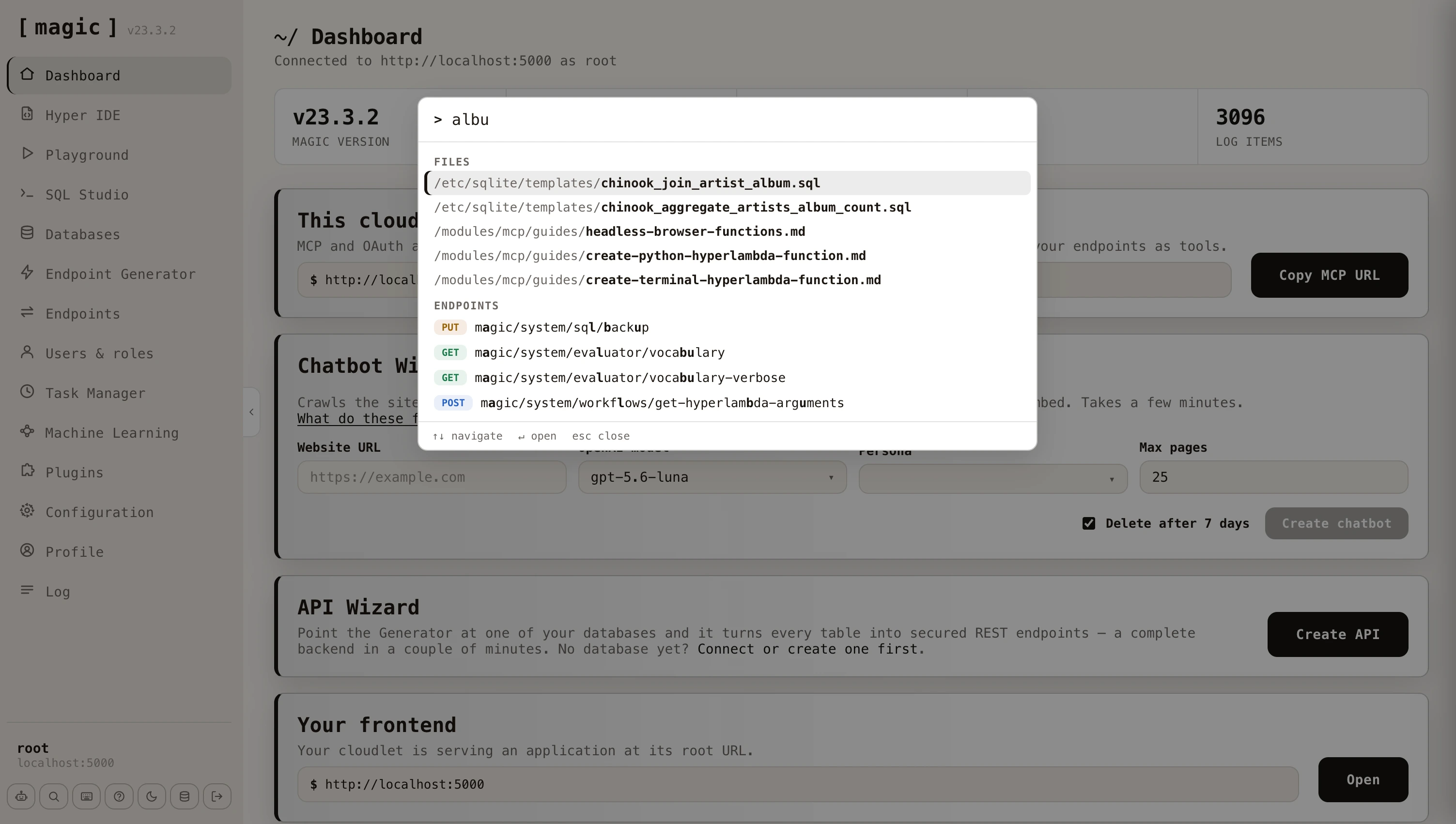 Screenshot of the Magic dashboard's command palette searching files and endpoints