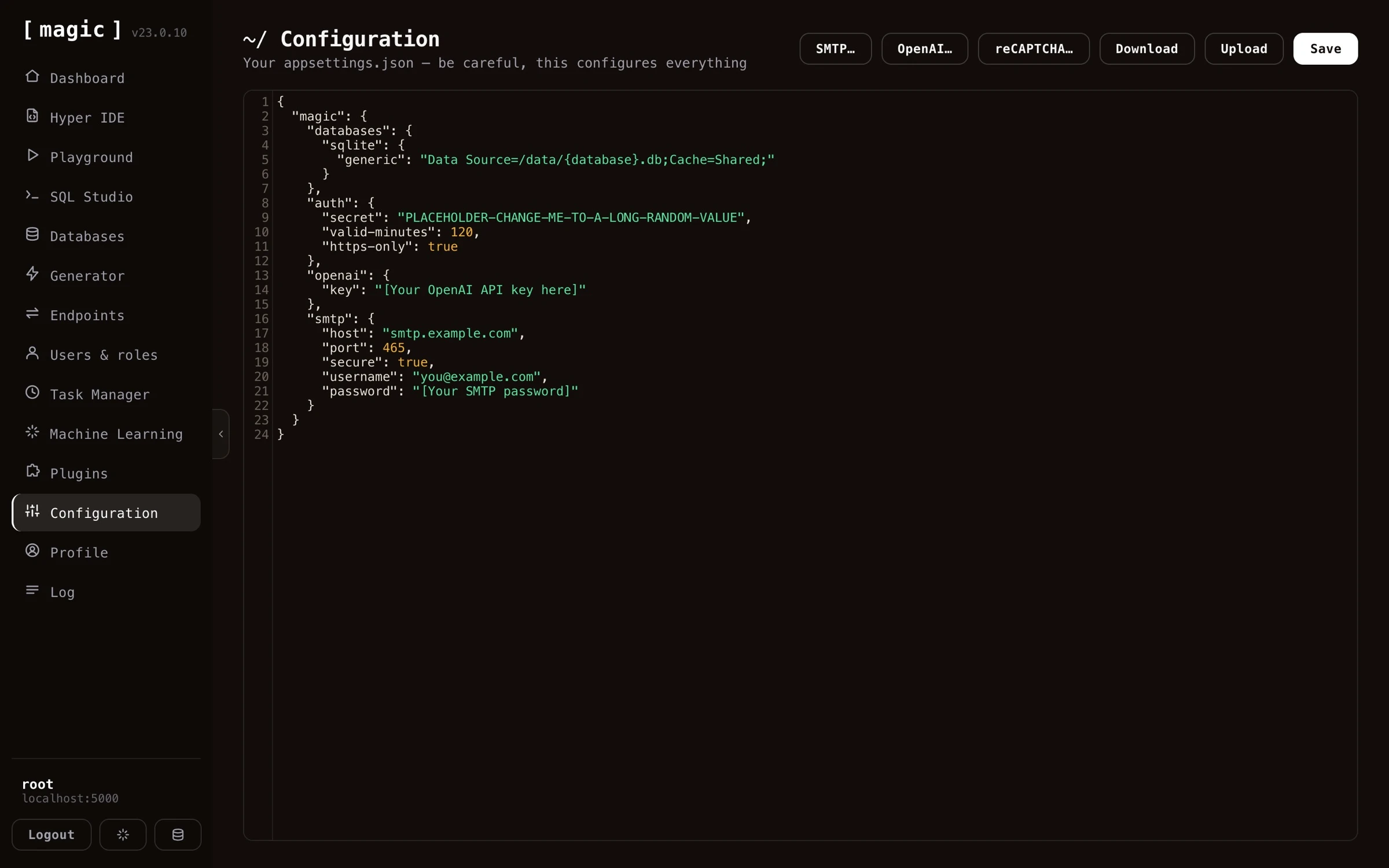 Screenshot of configuring Magic through its Configuration component
