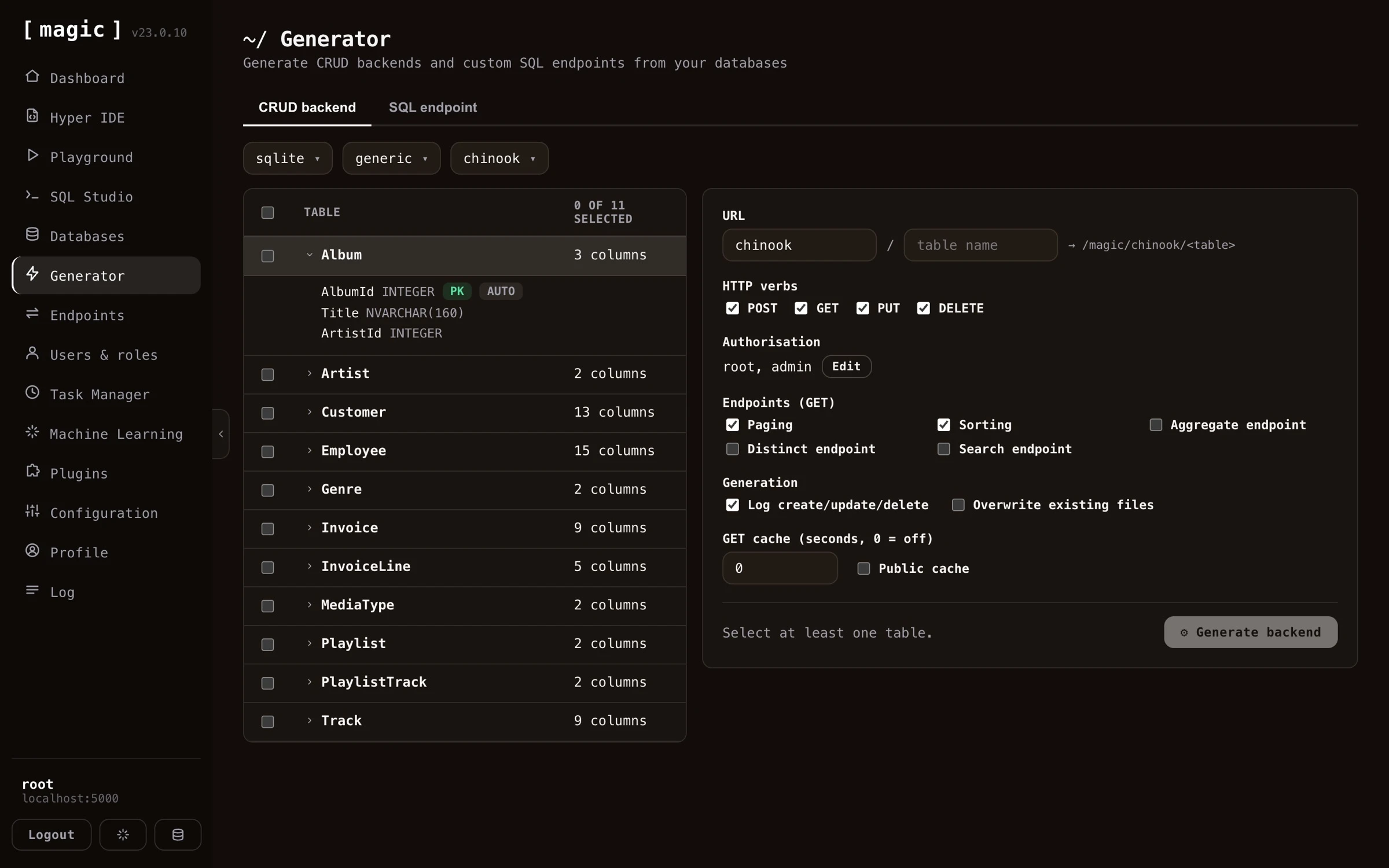 Screenshot of configuring one individual table in the Endpoint Generator