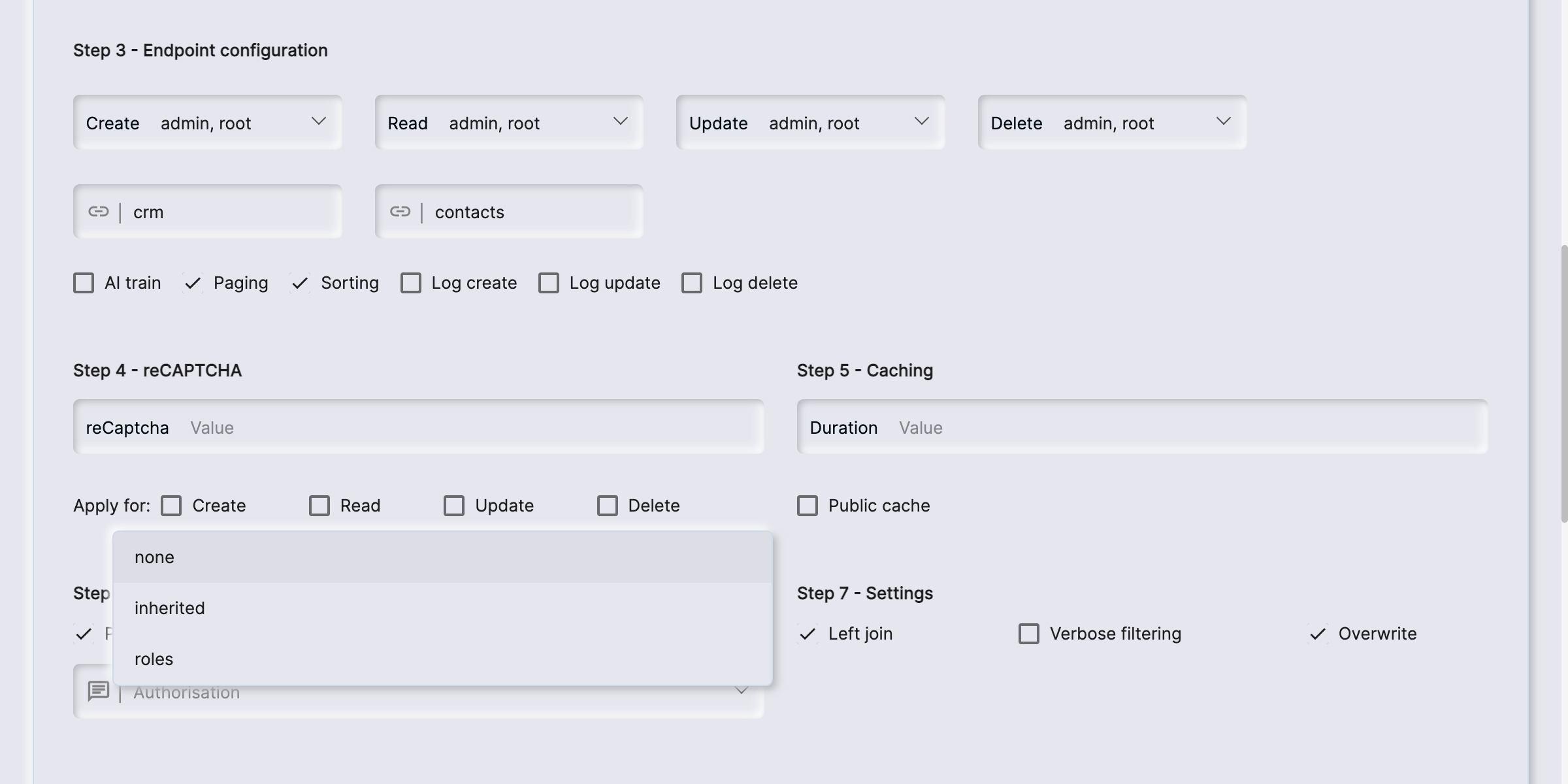 Screenshot of how to modify the authorisation settings for the Backend Generator