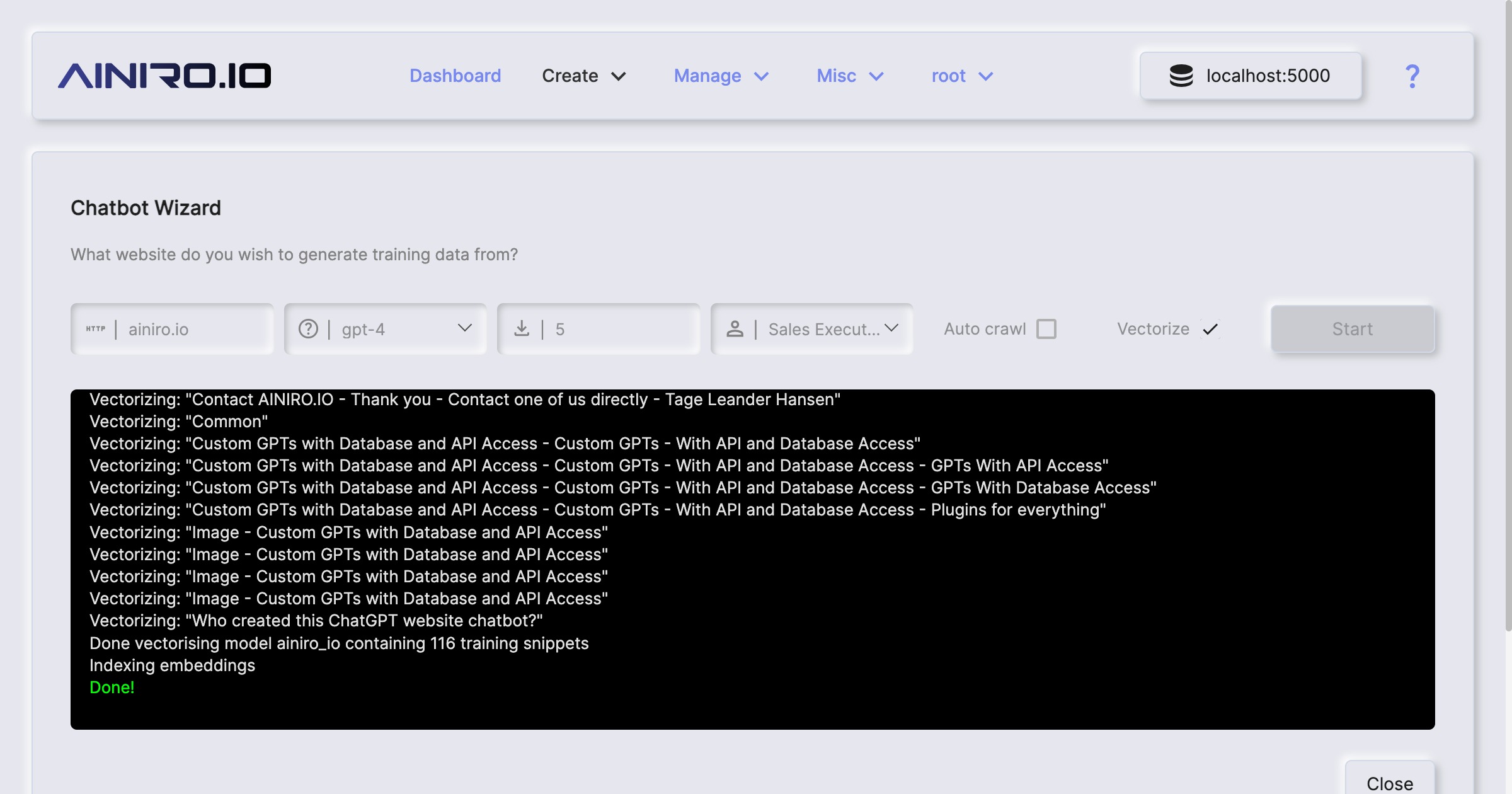 Screenshot of scraping your website for custom AI chatbot RAG data
